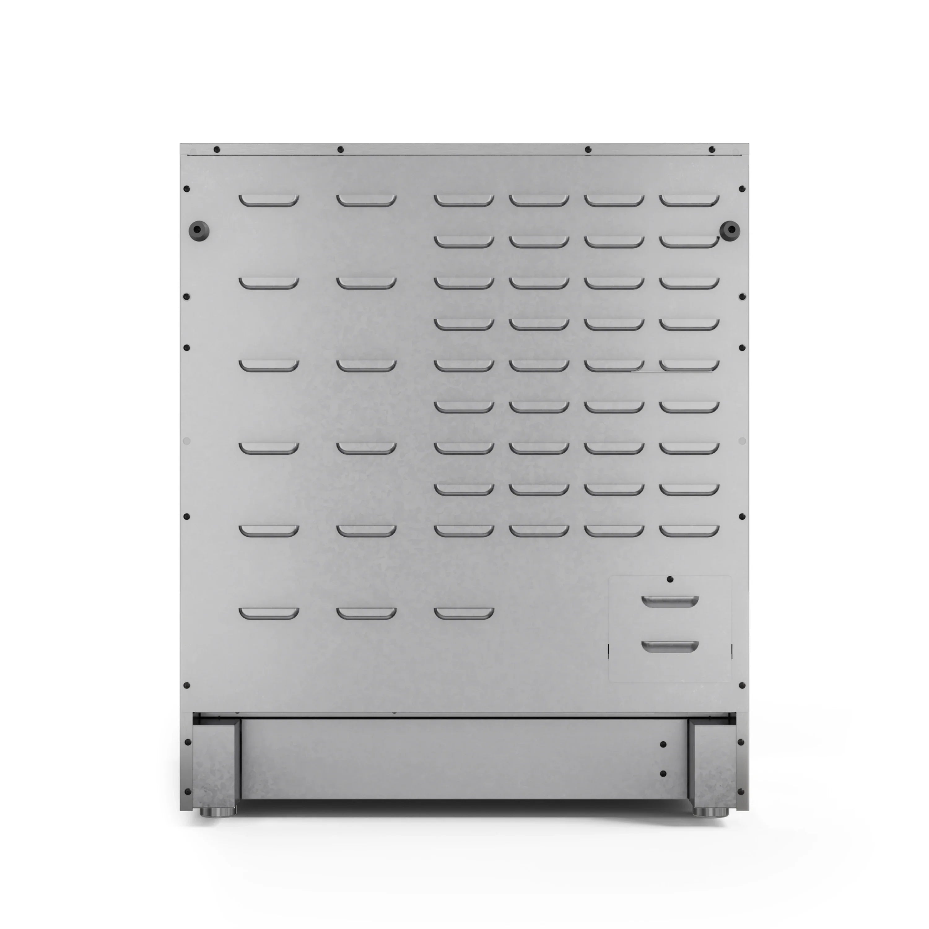 Stainless oven door panel with many vented openings and heating element ports