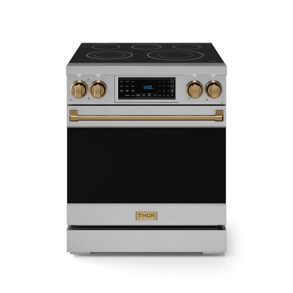 Front view of stainless electric range with black glass cooktop and bronze control knobs