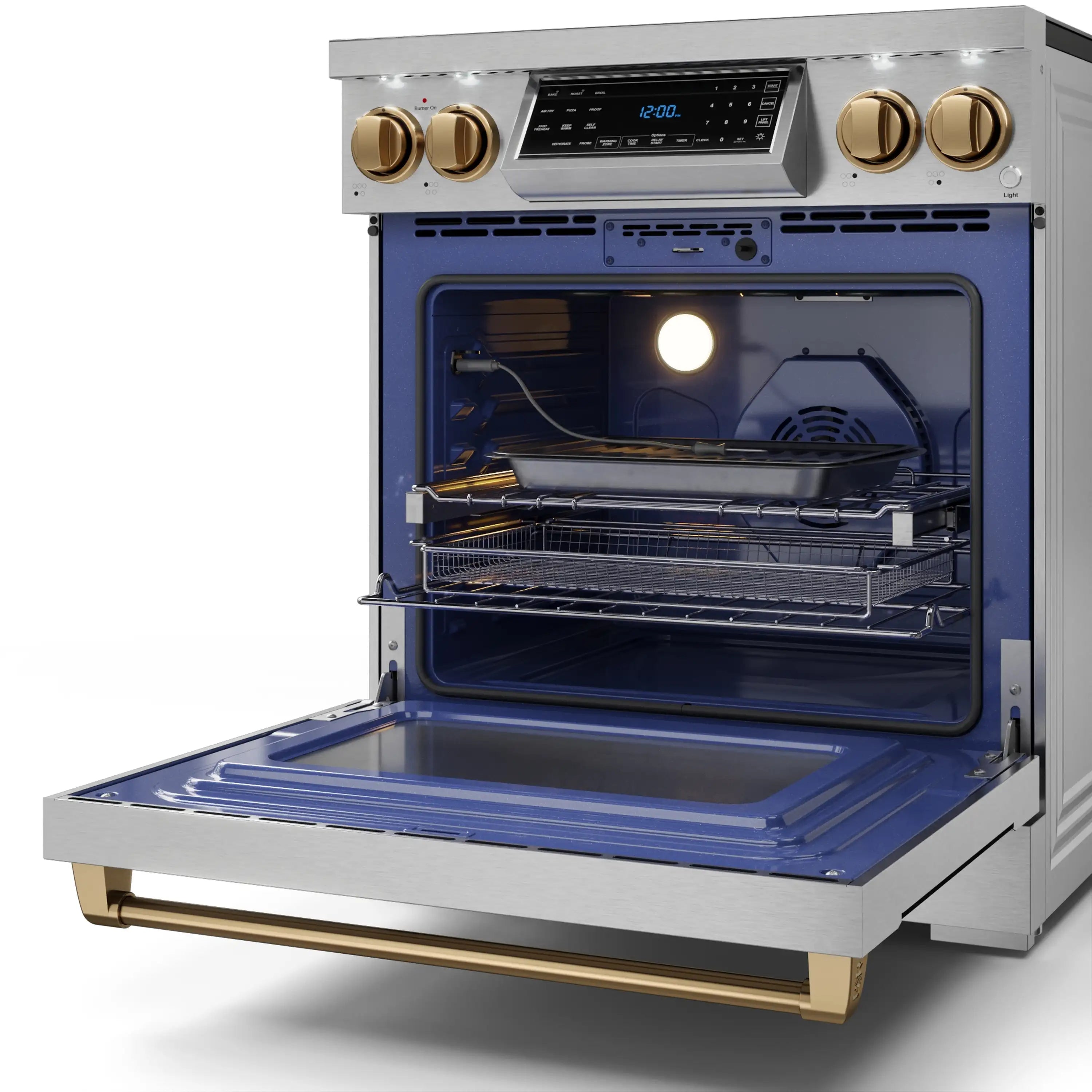 Stainless electric range with open oven door and fully extended interior racks