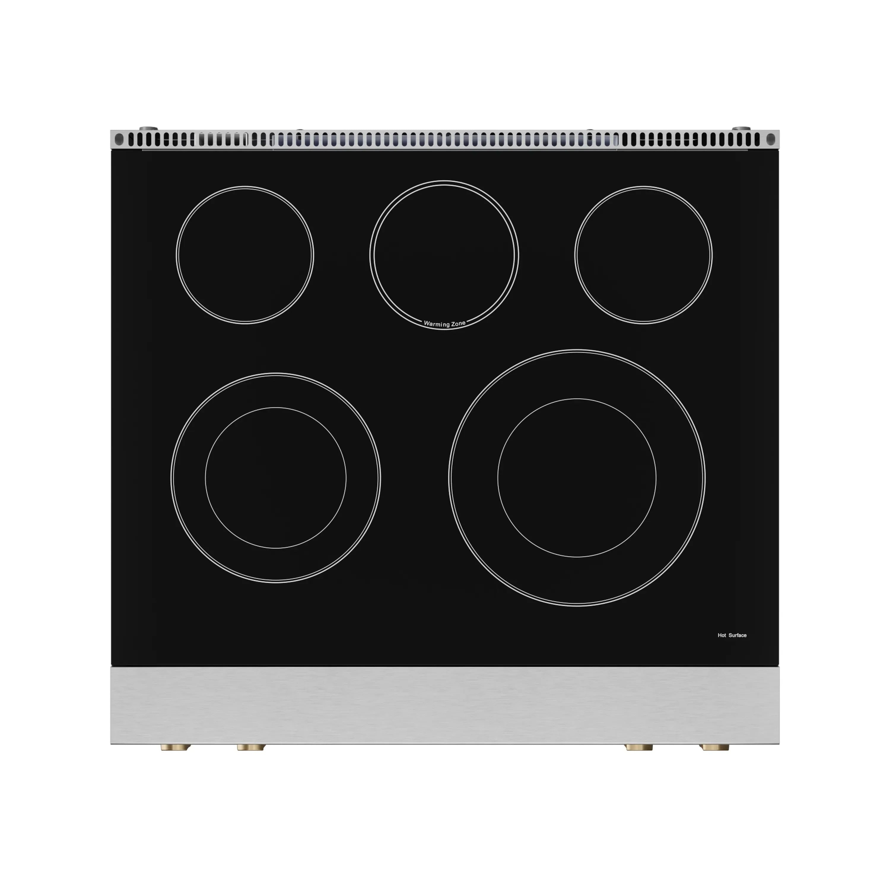 Black glass cooktop with five circular burner outlines and stainless trim