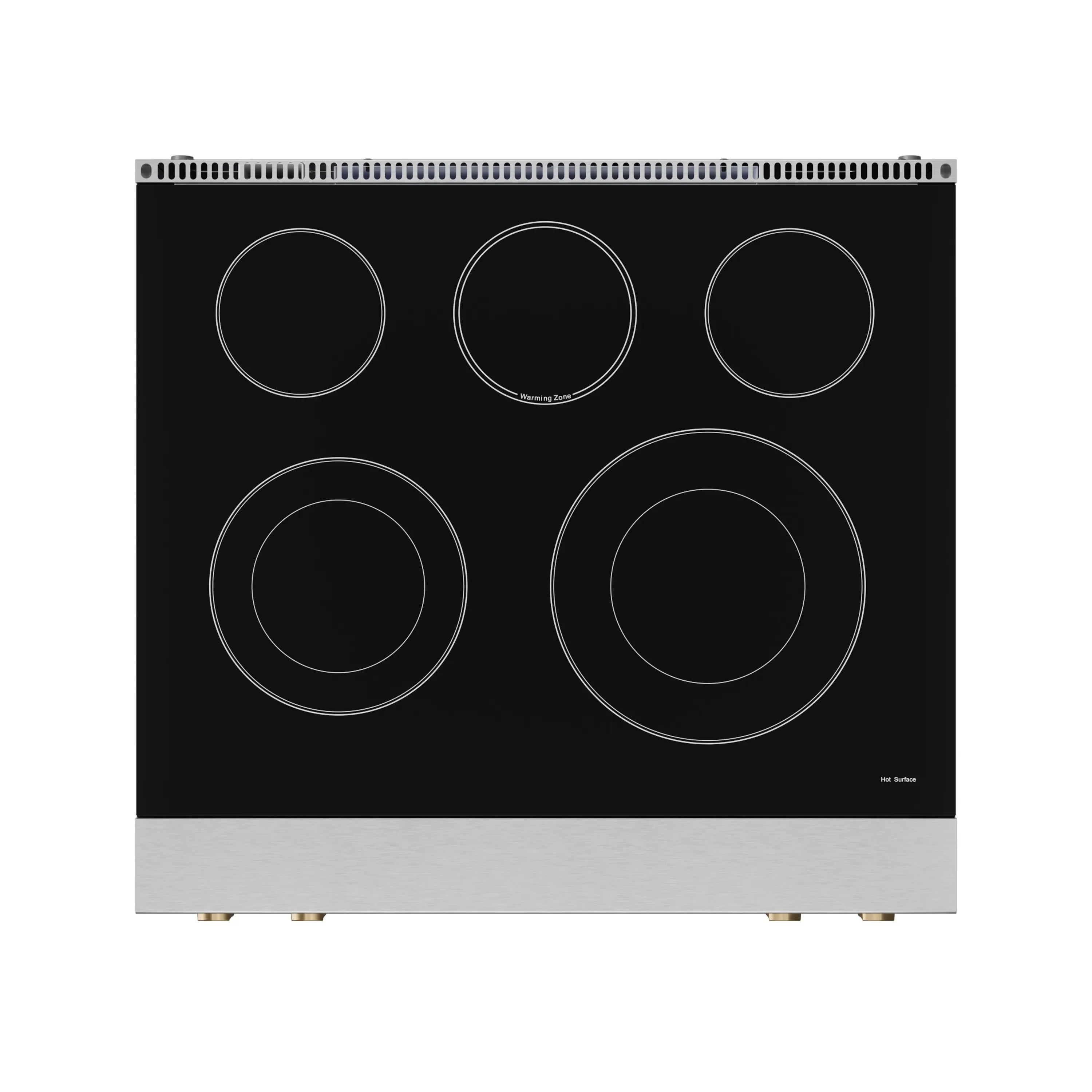 Top view of stainless electric cooktop with five circular burner zones on black glass