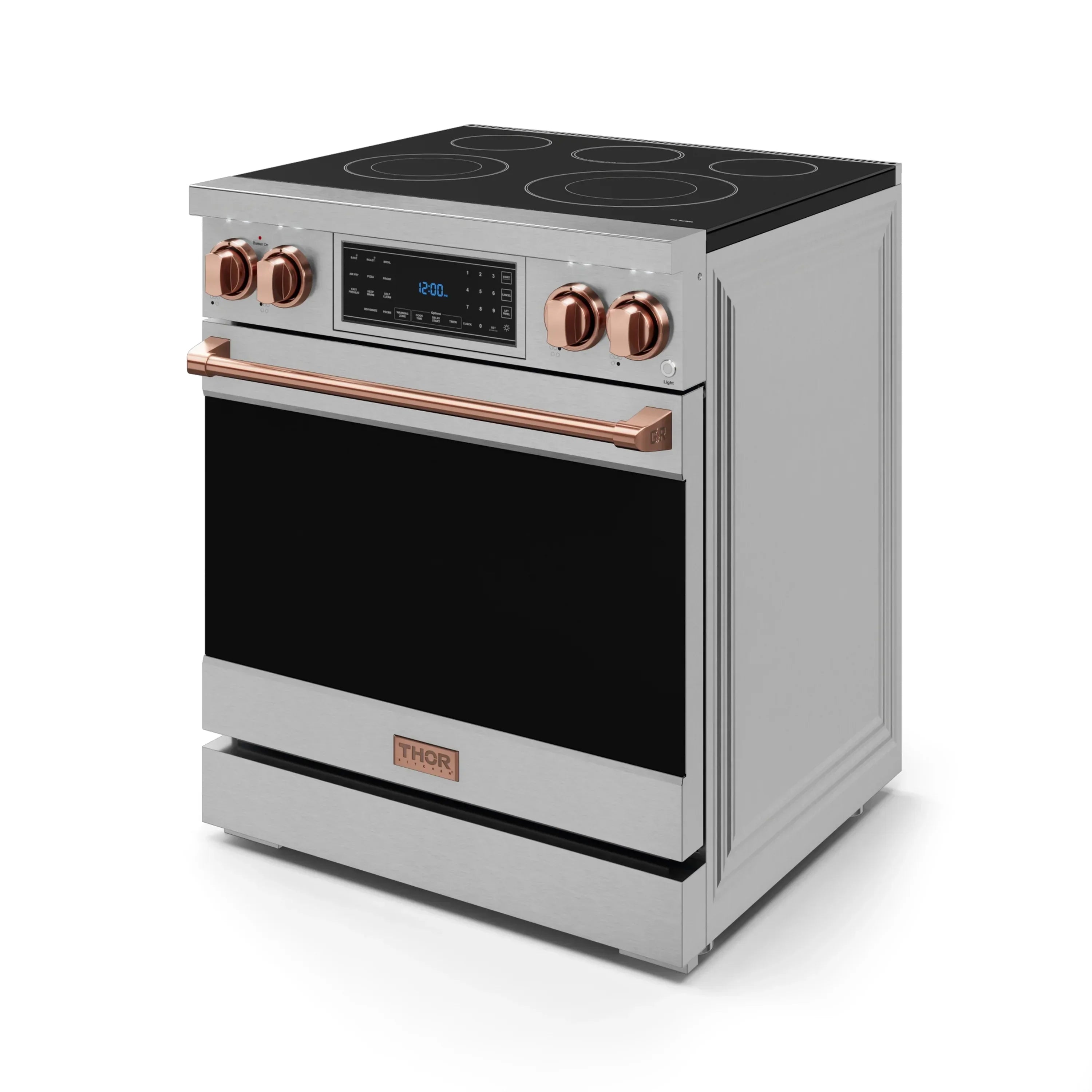 Stainless electric range with open oven and copper control knobs on the front panel