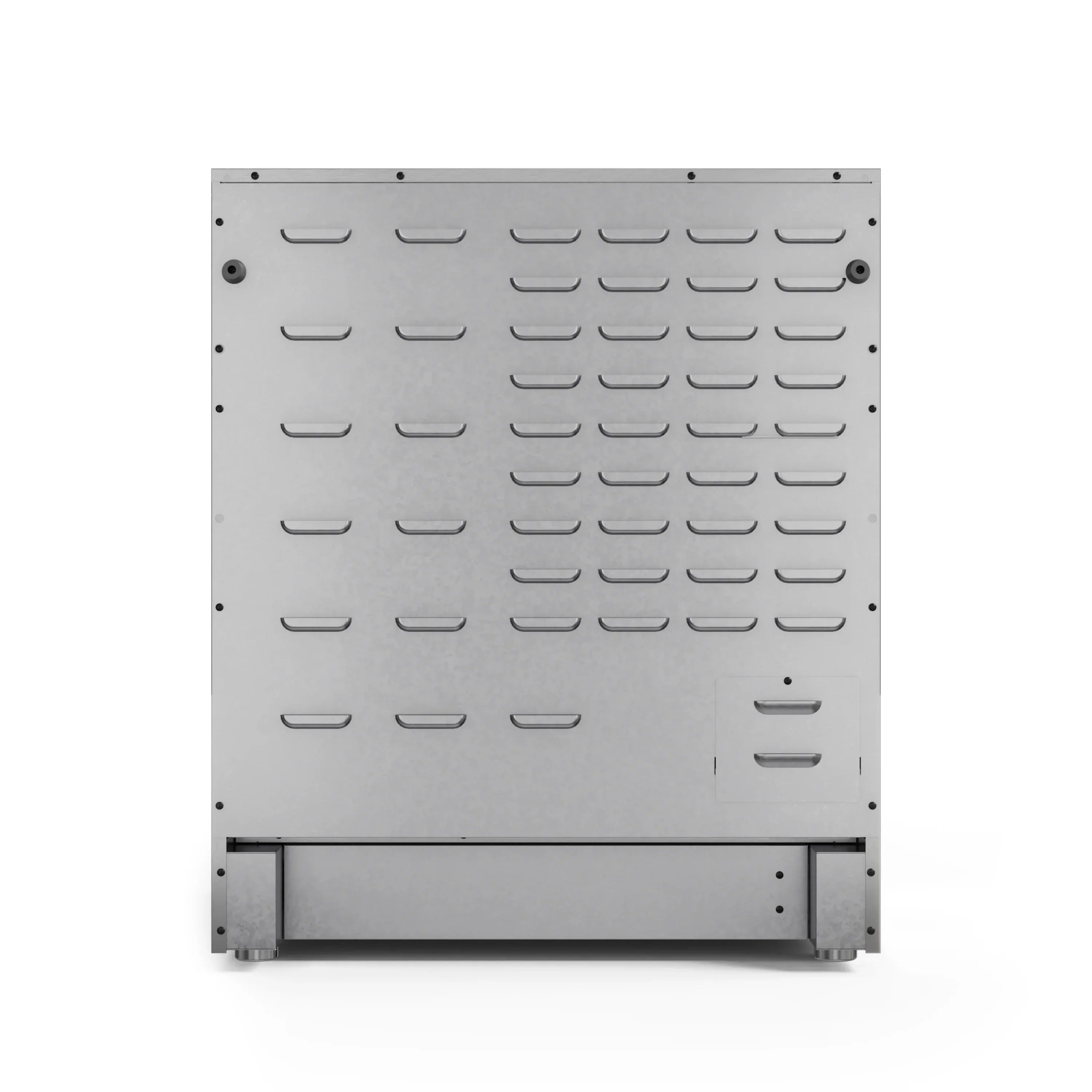 Metal appliance panel with multiple vented openings and mounting holes