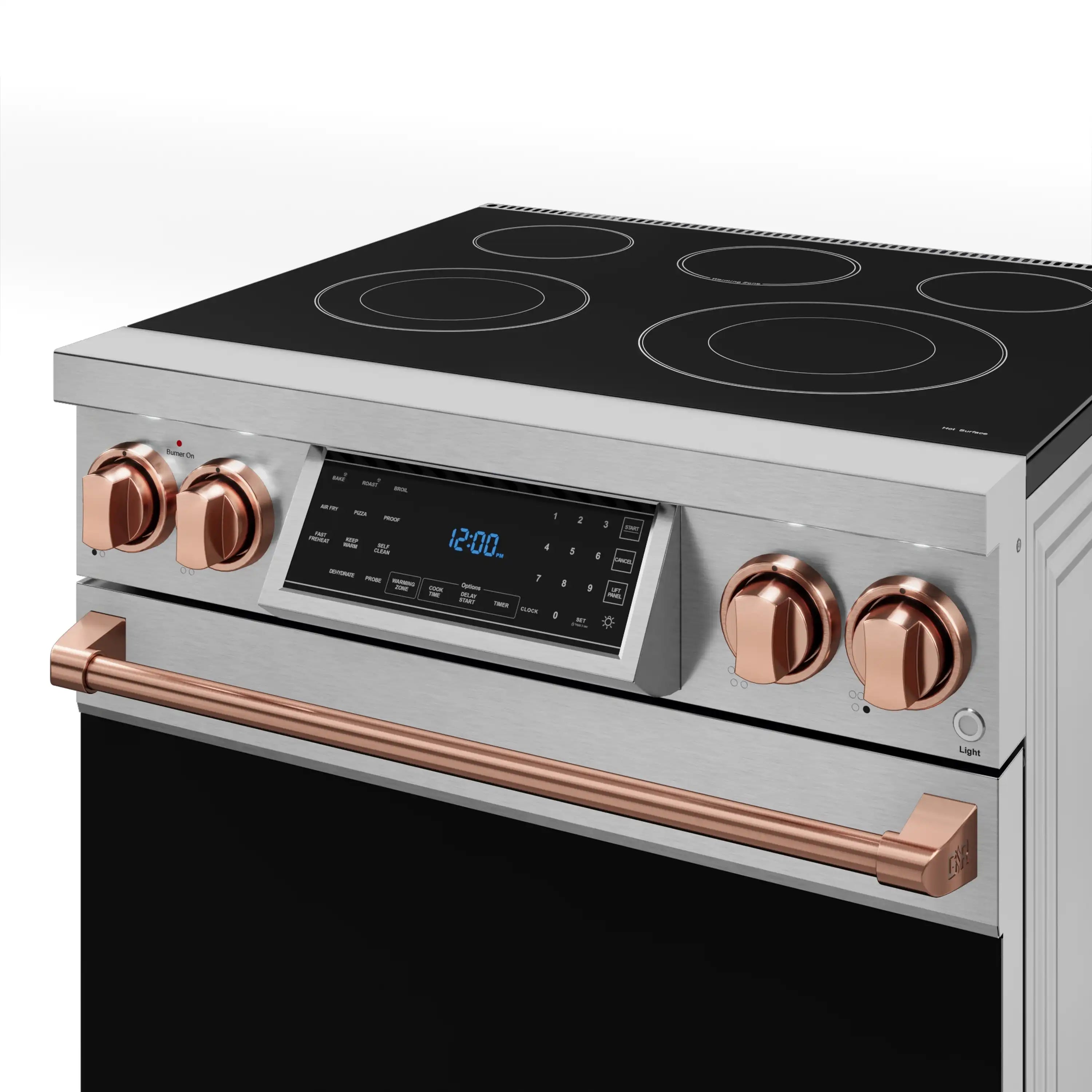 Stainless steel electric range front with black glass cooktop and rose-gold control knobs