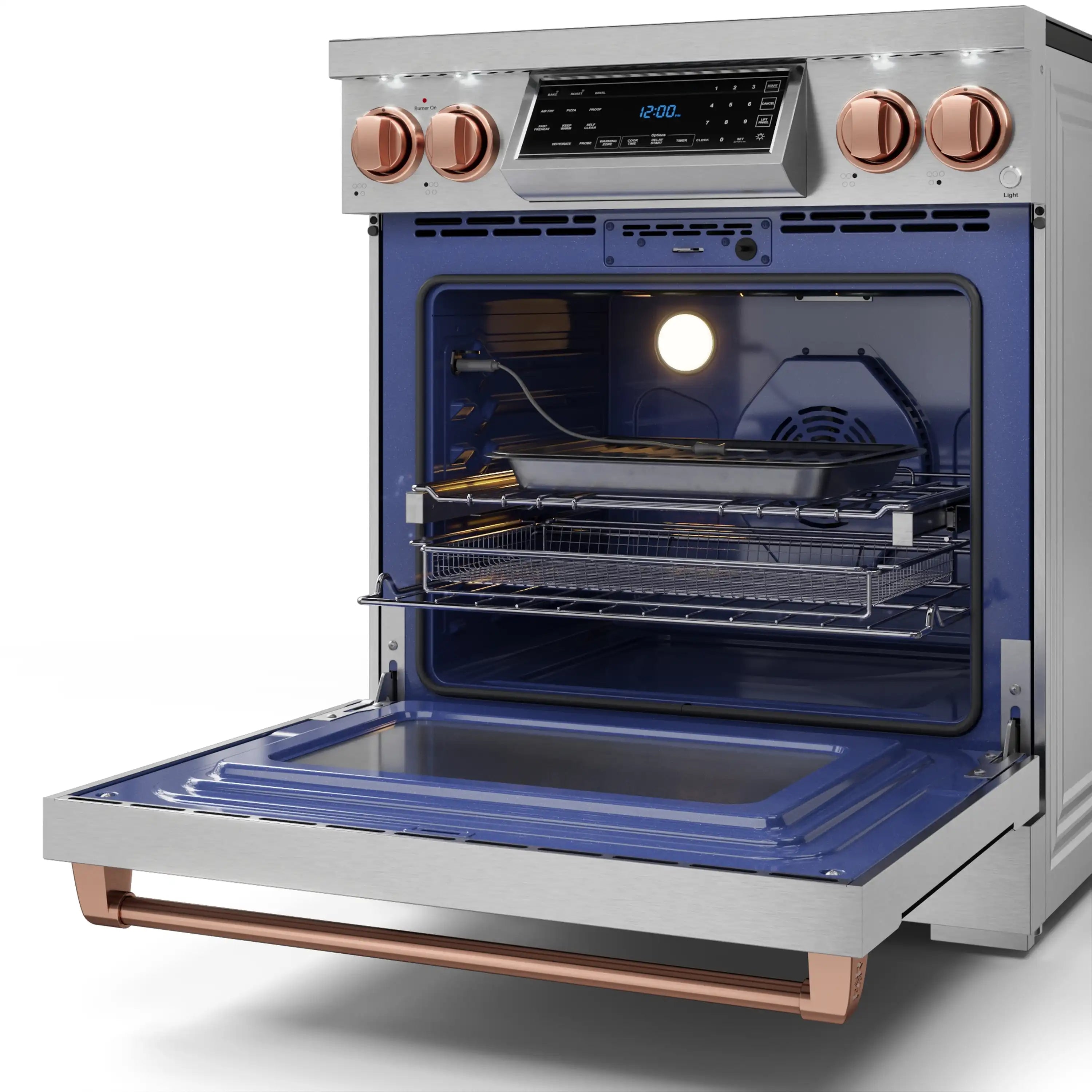 Stainless electric oven with door open and illuminated interior for baking on racks