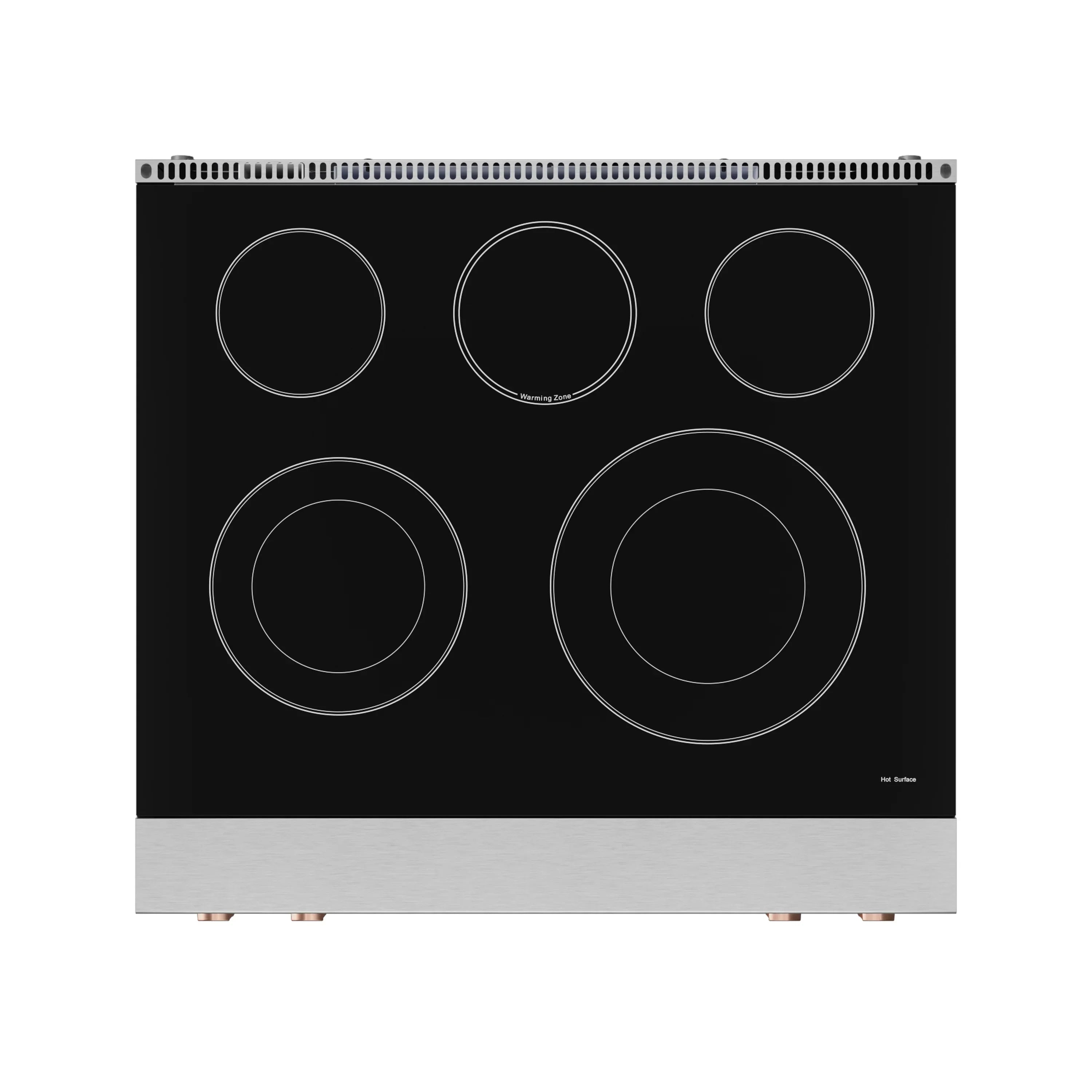Black electric cooktop with five circular burner outlines and vented control area