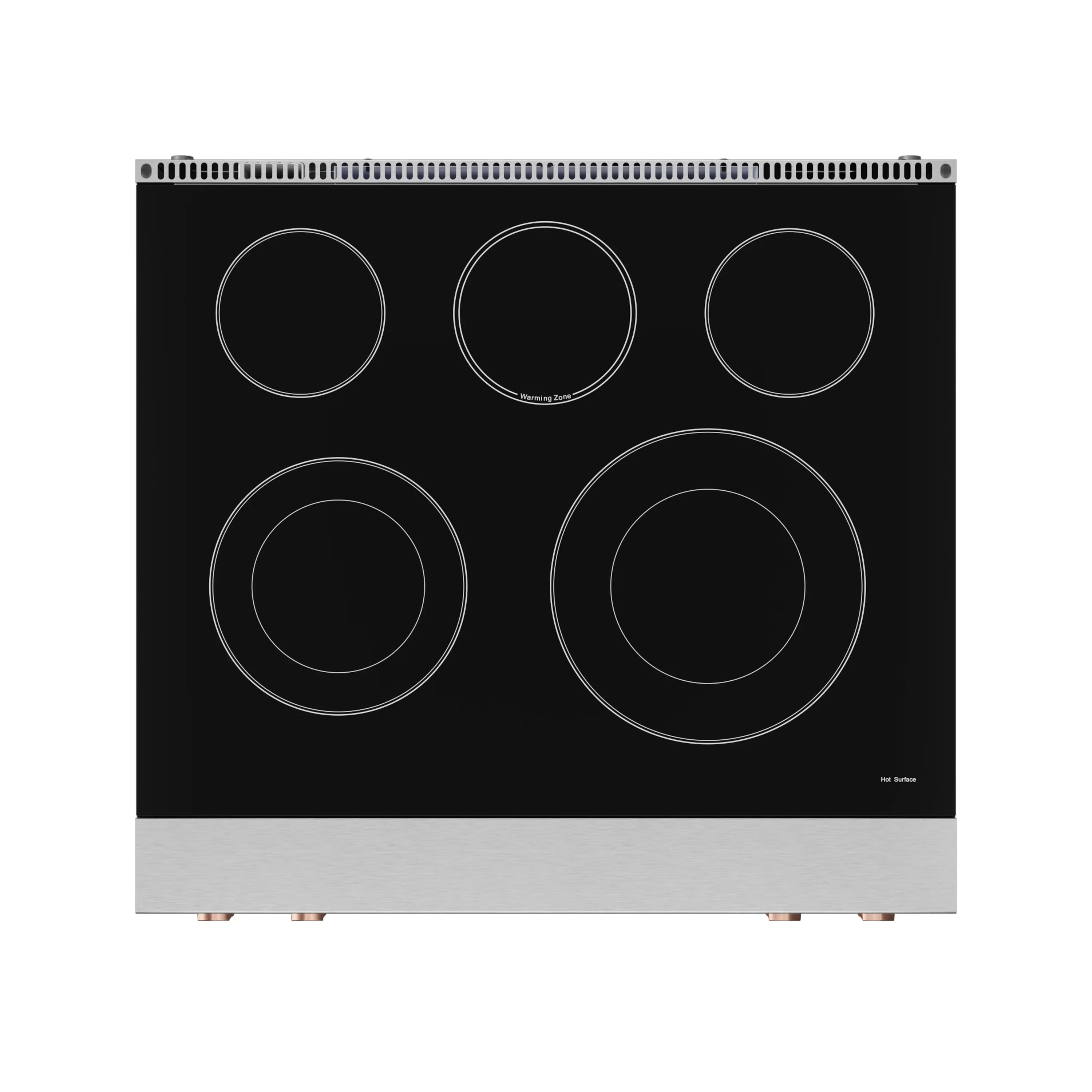 Black glass cooktop with five circular heating elements on stainless electric range