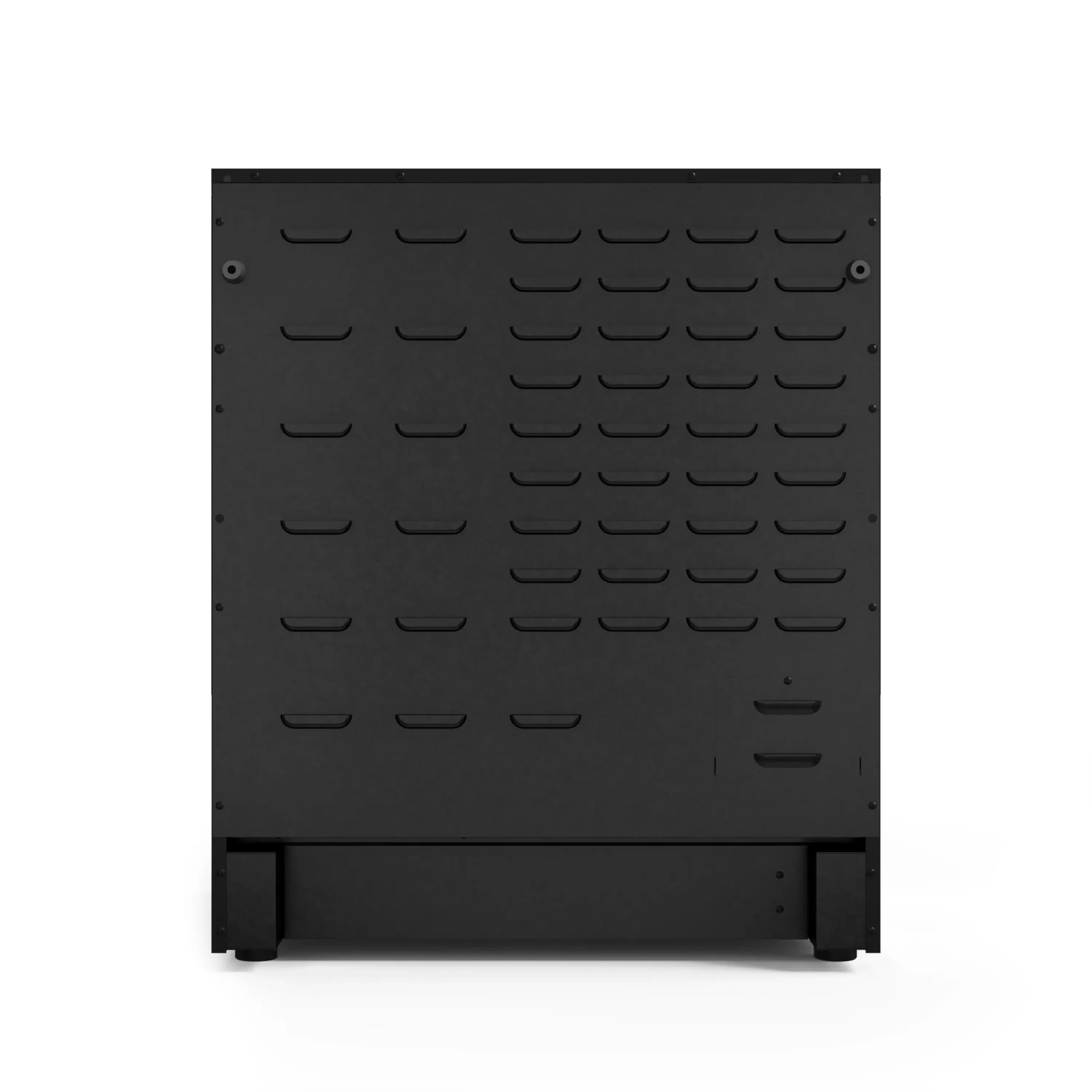 Black electric range oven door with vented textured panel