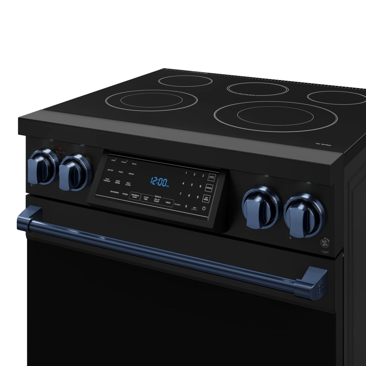 Black electric range control panel with blue display and four blue knob handles