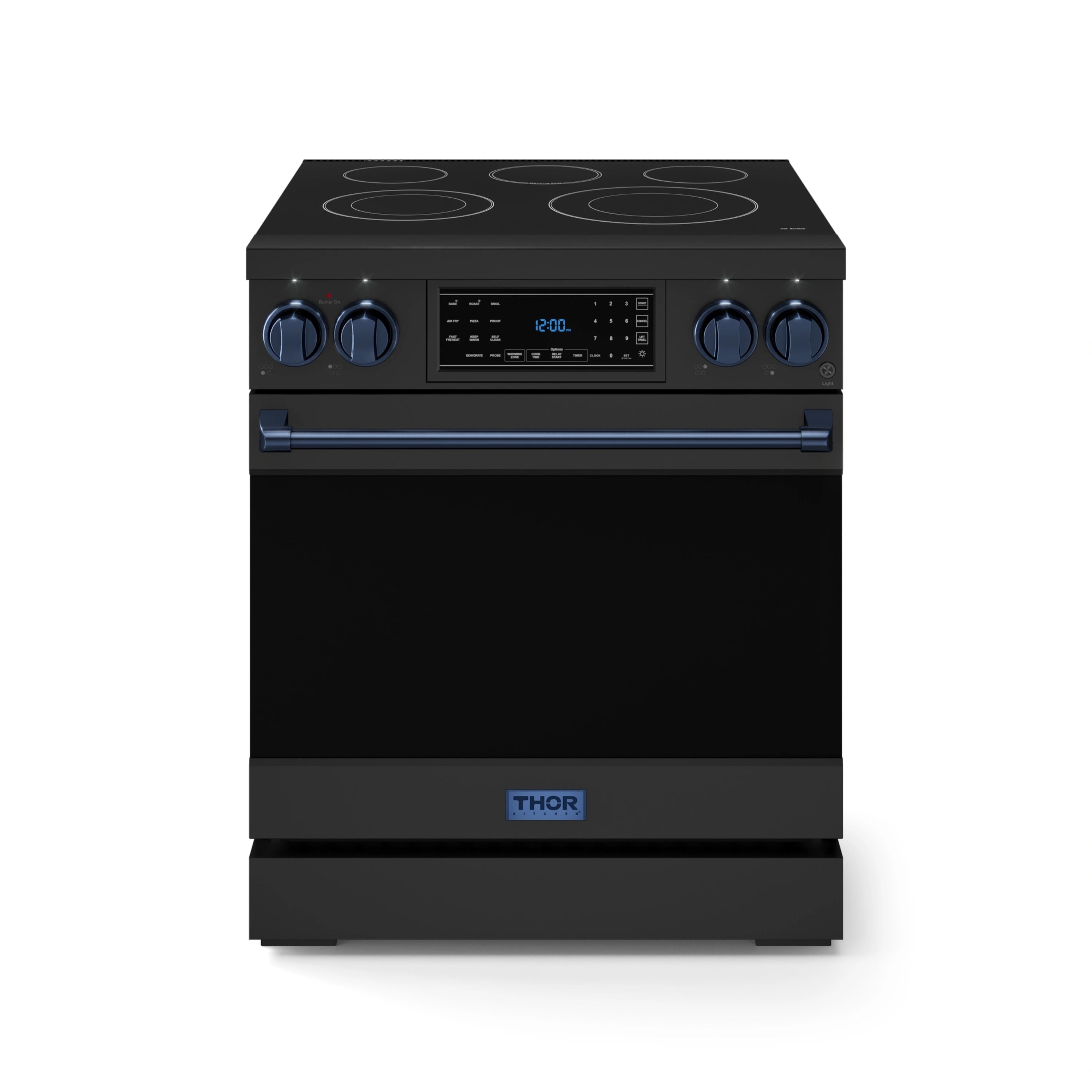Black electric professional range with blue-trim control panel and four coil cooktop burners