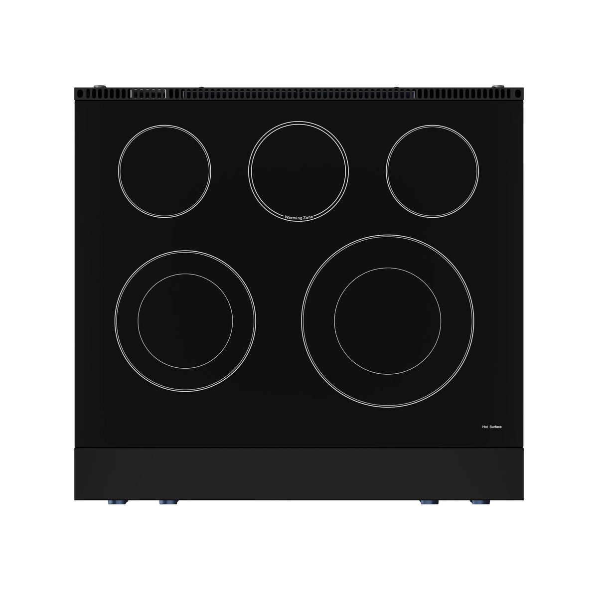 Front view of black electric range cooktop with five circular coil burner outlines