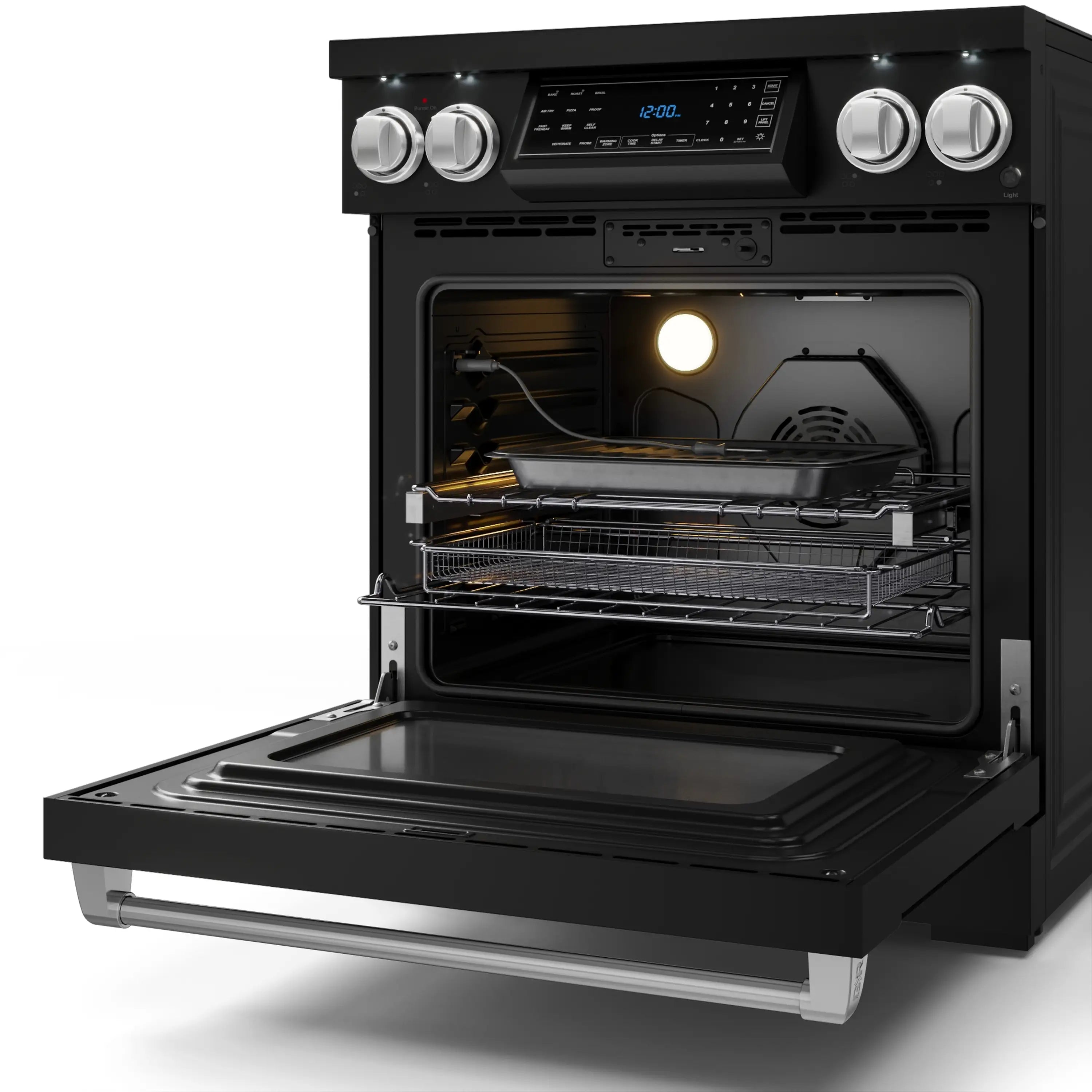 Black electric range with open oven door, racks and broiler visible, stainless trim