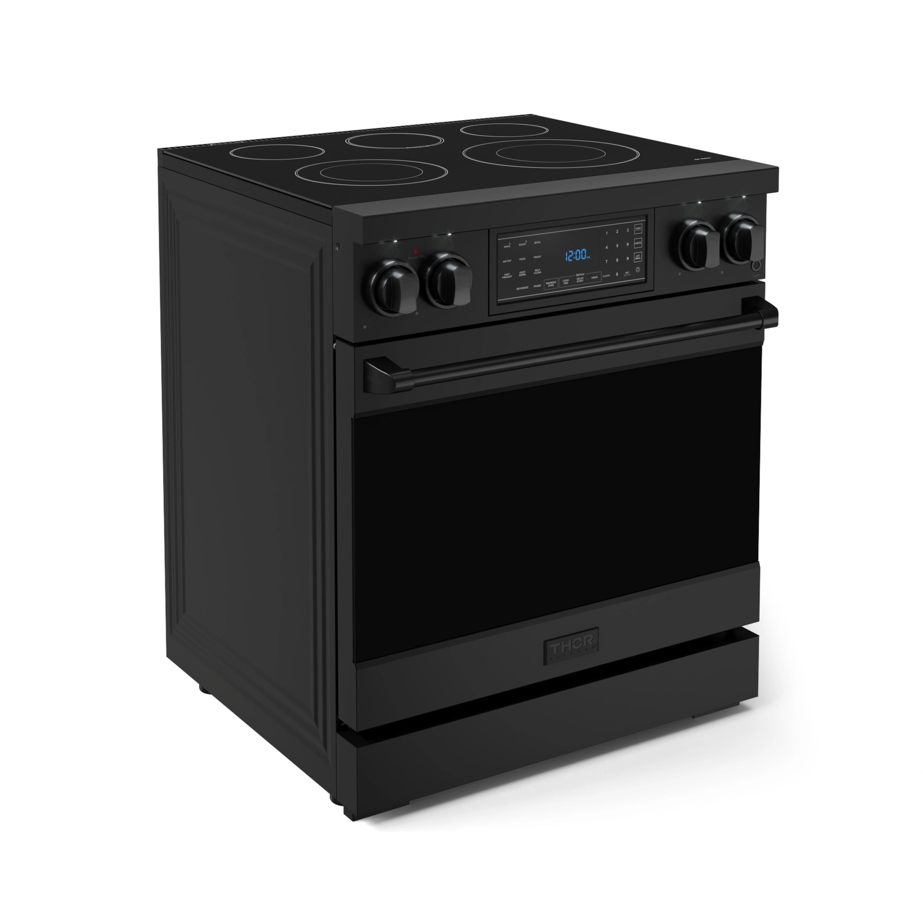 Black electric range with oven door and front control panel