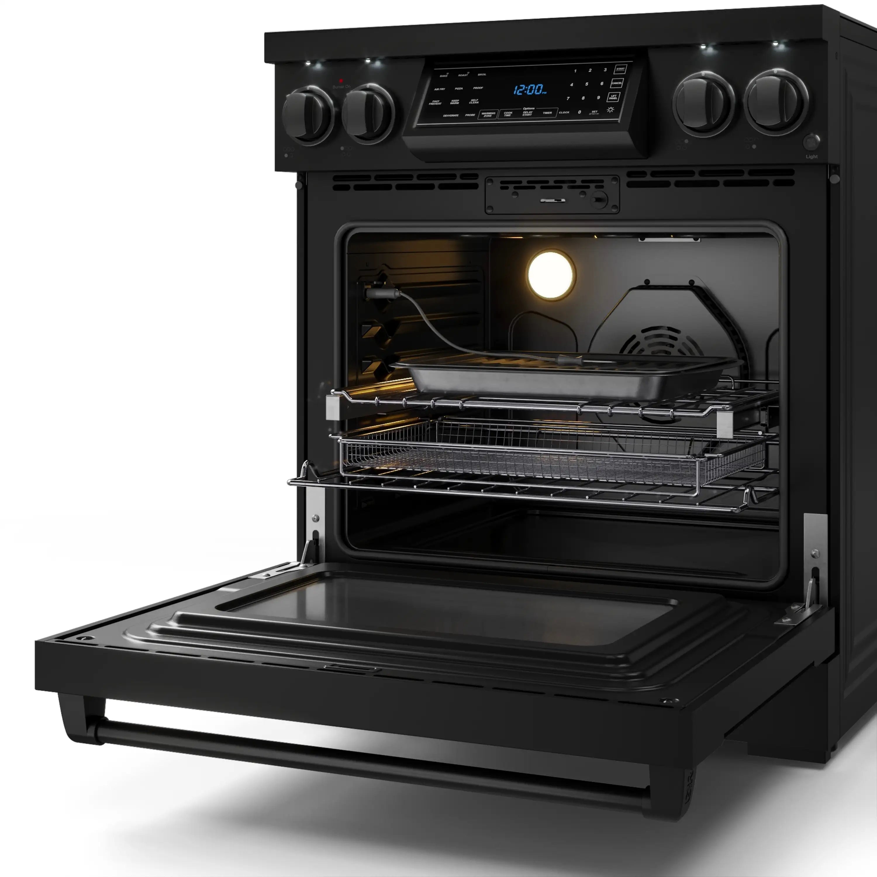 Black electric range with door opened; oven interior with racks and heating fan, side view.