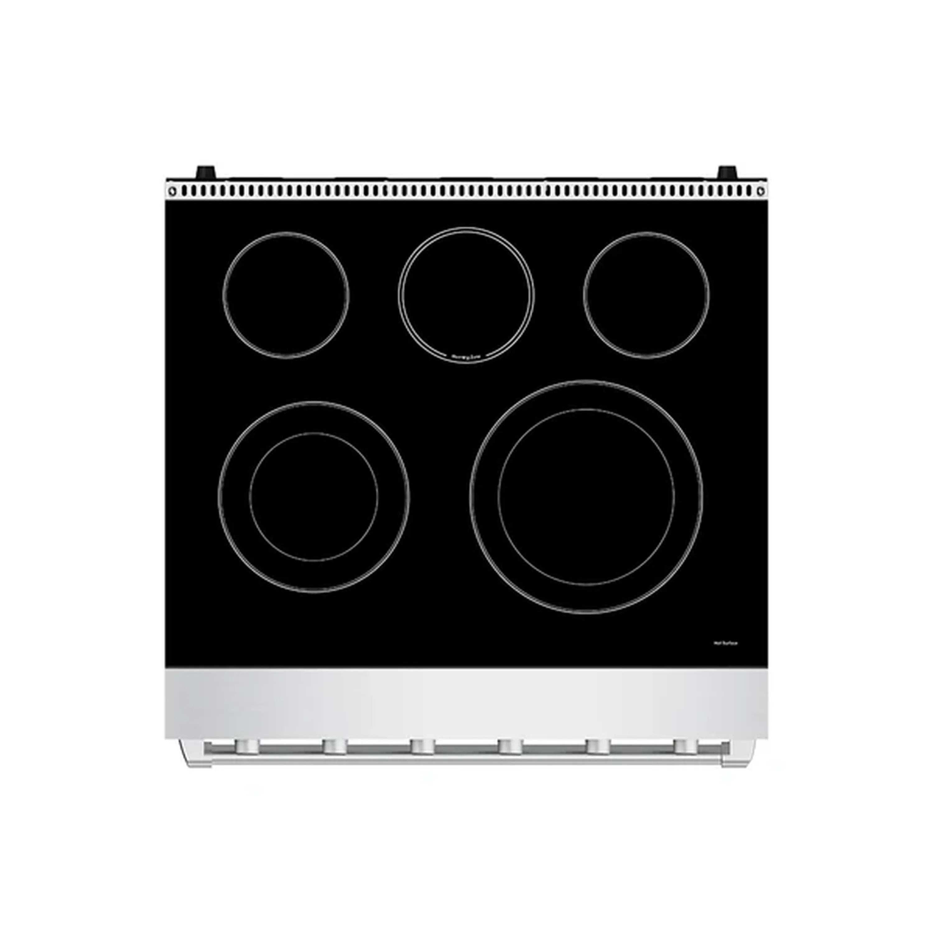Black electric cooktop with five radiant coil circles and stainless front trim