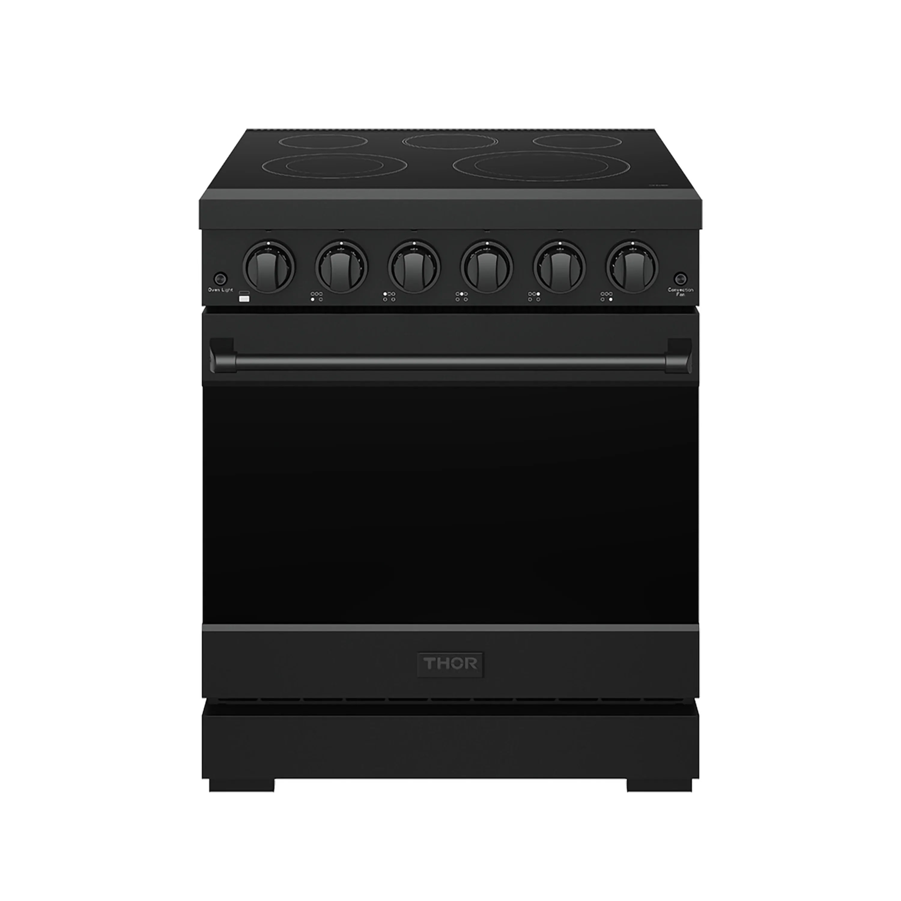 Black electric range with coil cooktop and control knobs, front view.