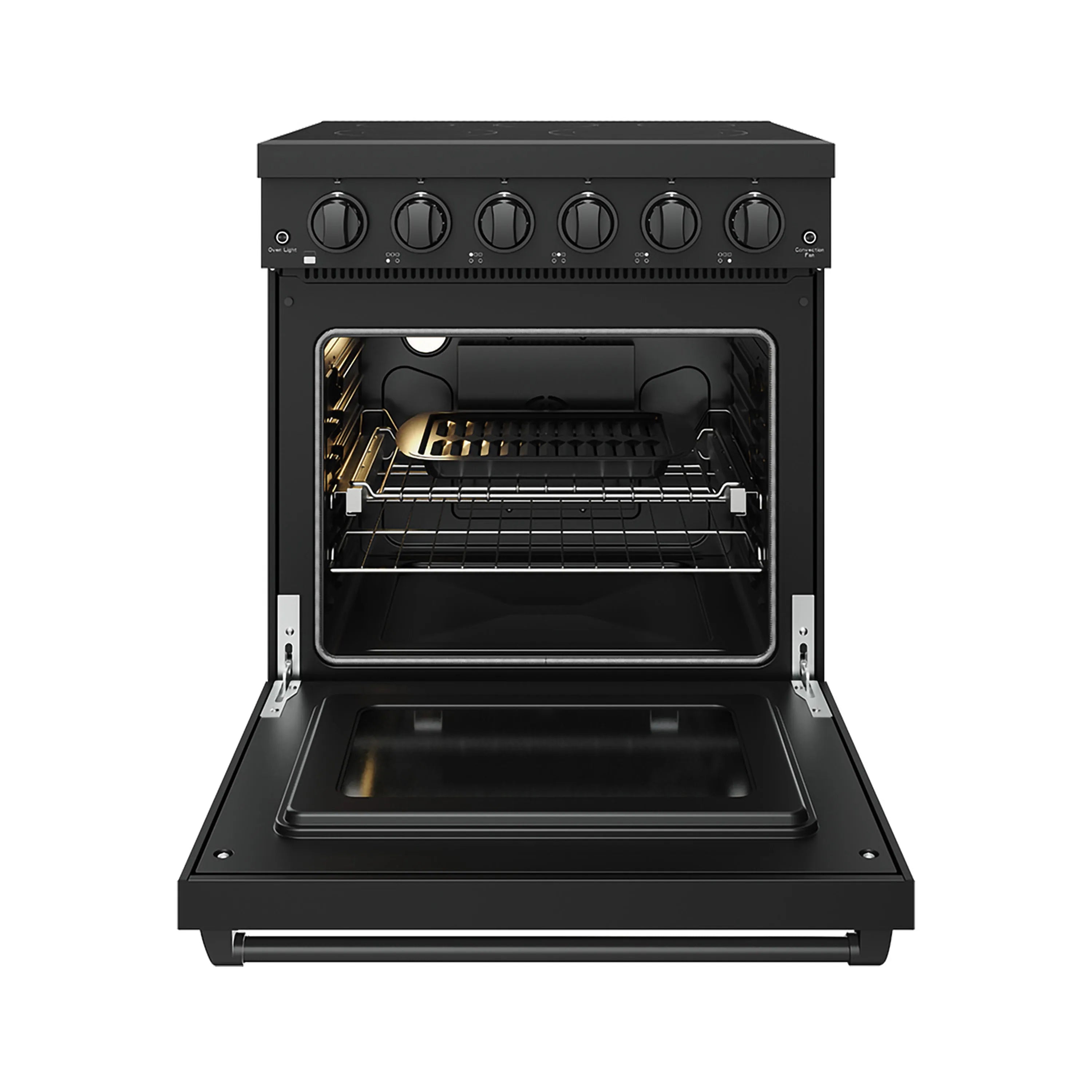 Black electric range with open oven door, interior racks, and baking tray