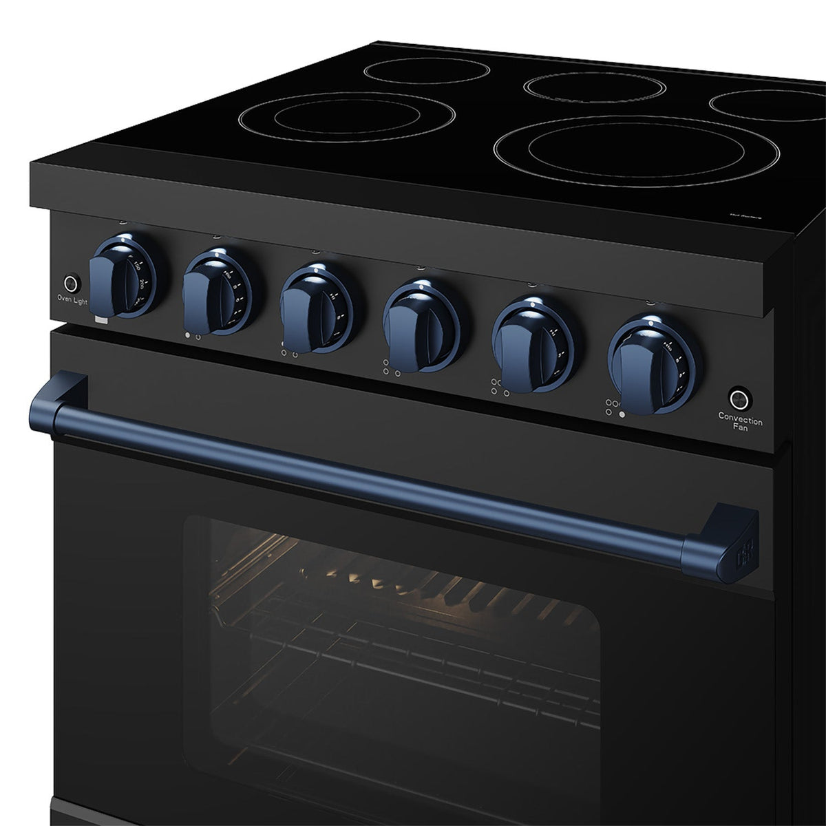 Black 30-inch professional electric range with blue hardware, close-up of blue knobs and handle