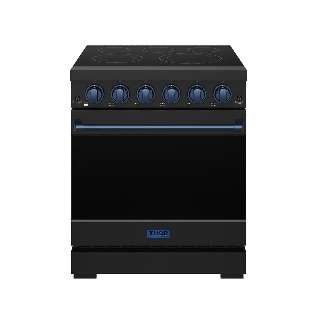 Black 30-inch professional electric range with blue hardware, front view, door closed