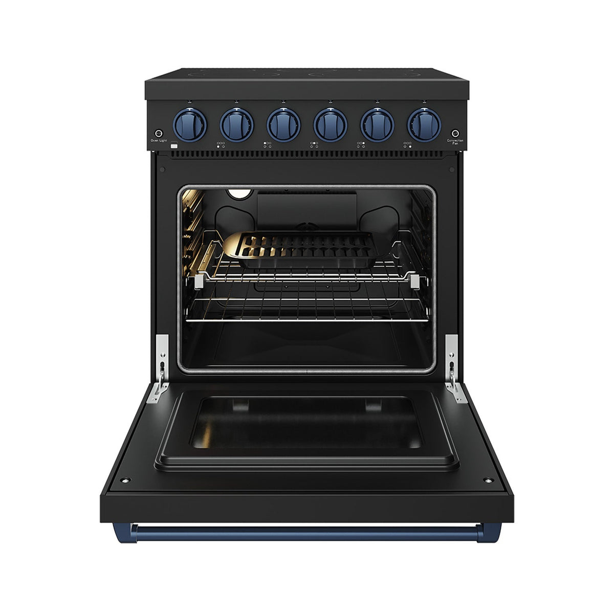 Black 30-inch professional electric range with blue hardware, oven door open