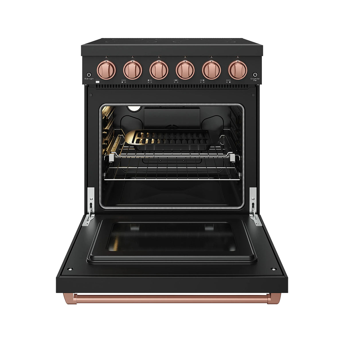 Black electric range with open oven door showing wire racks and interior lights