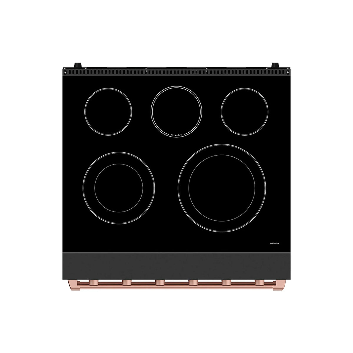 Black electric range cooktop with four coil burners and copper-trim control area