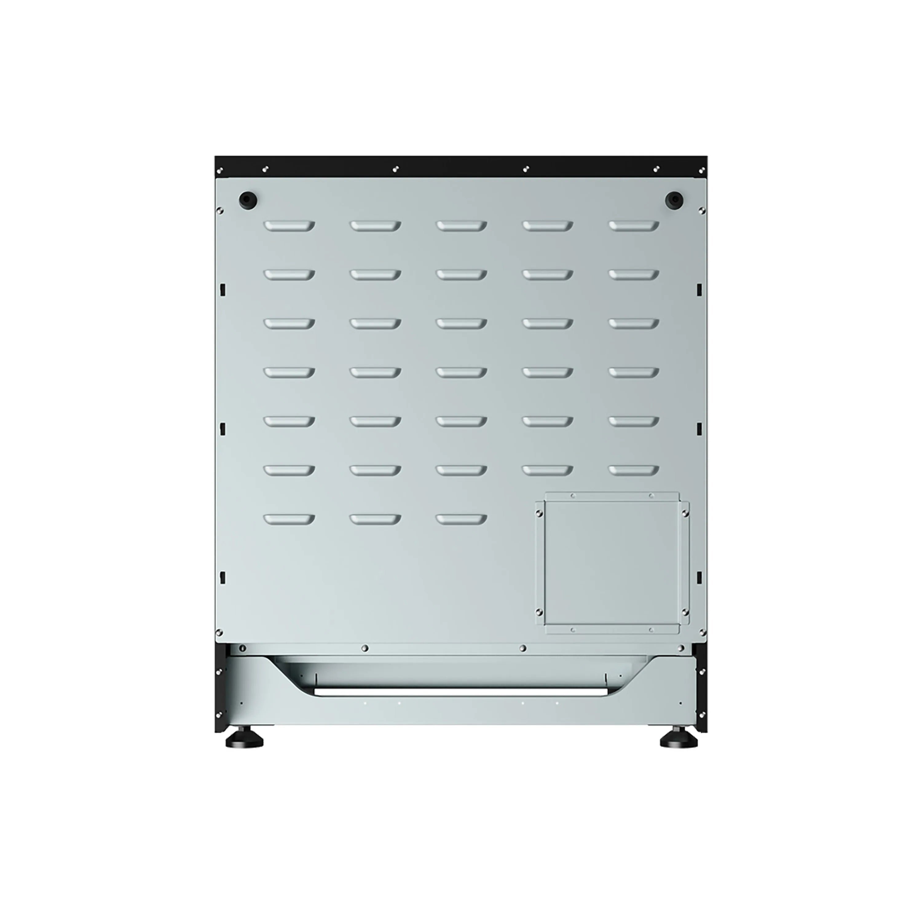 Electric range rear vent panel with perforations and access door