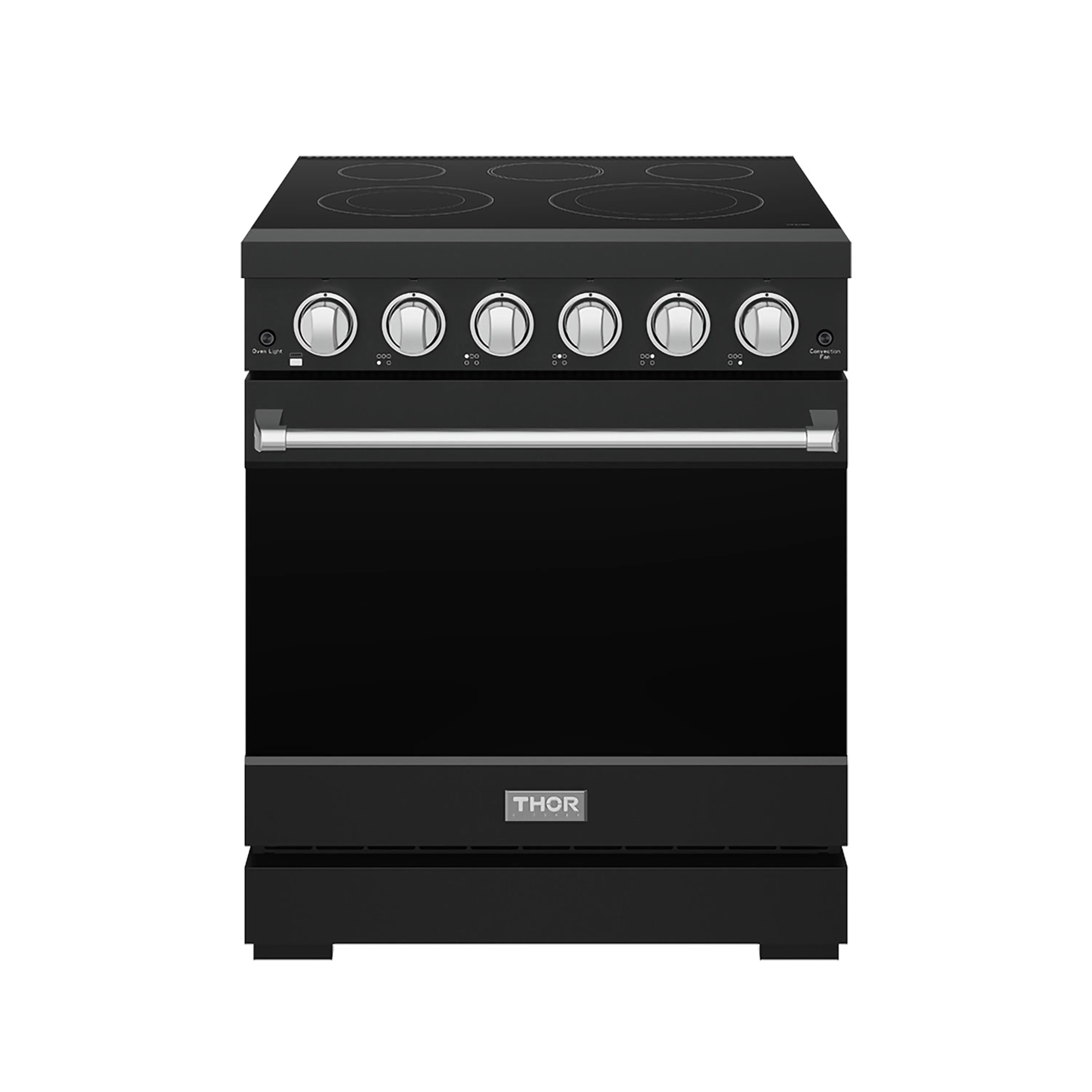 Black electric range with stainless handle, glass oven door, and six control knobs