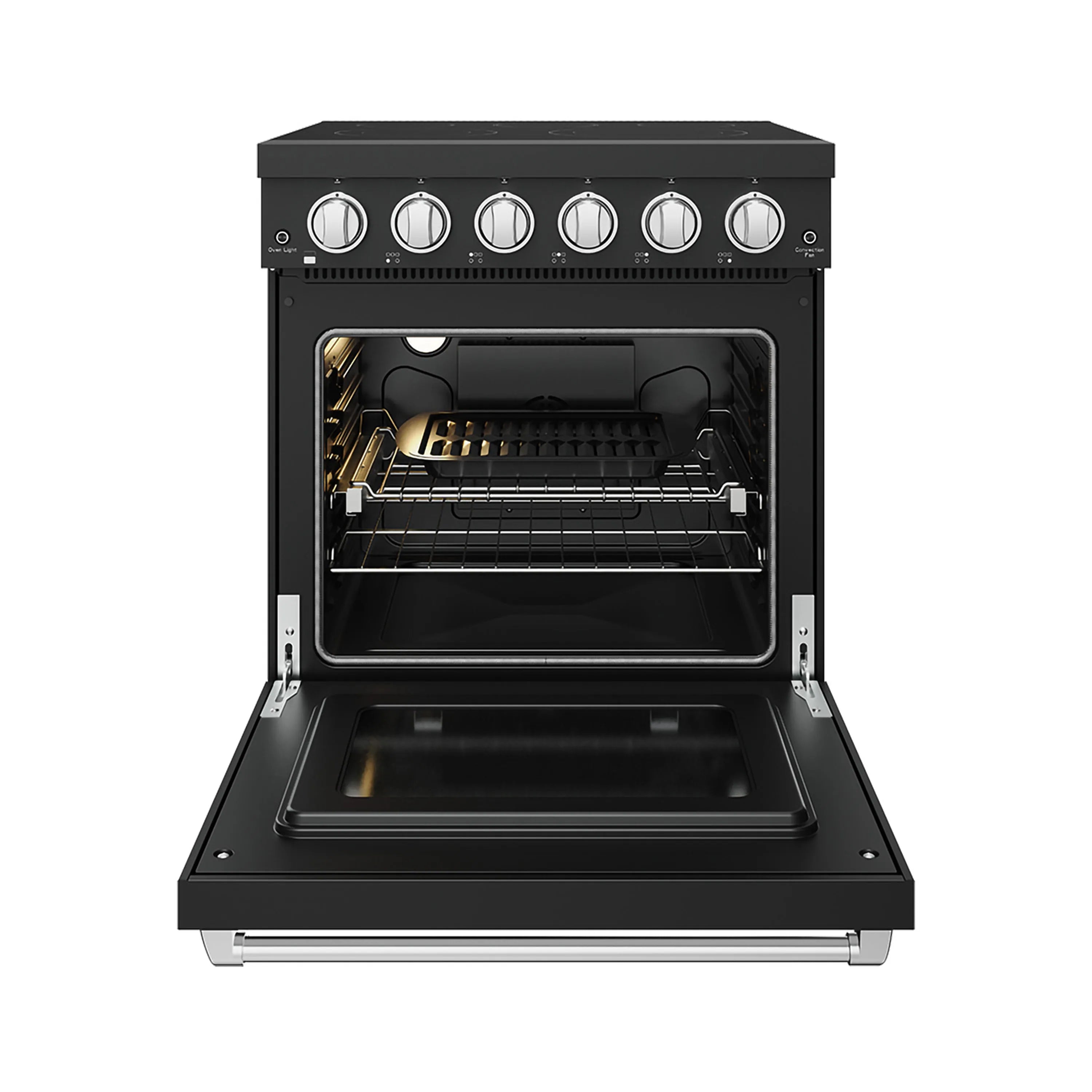 Black electric oven with open door, upper heating elements, and wire rack
