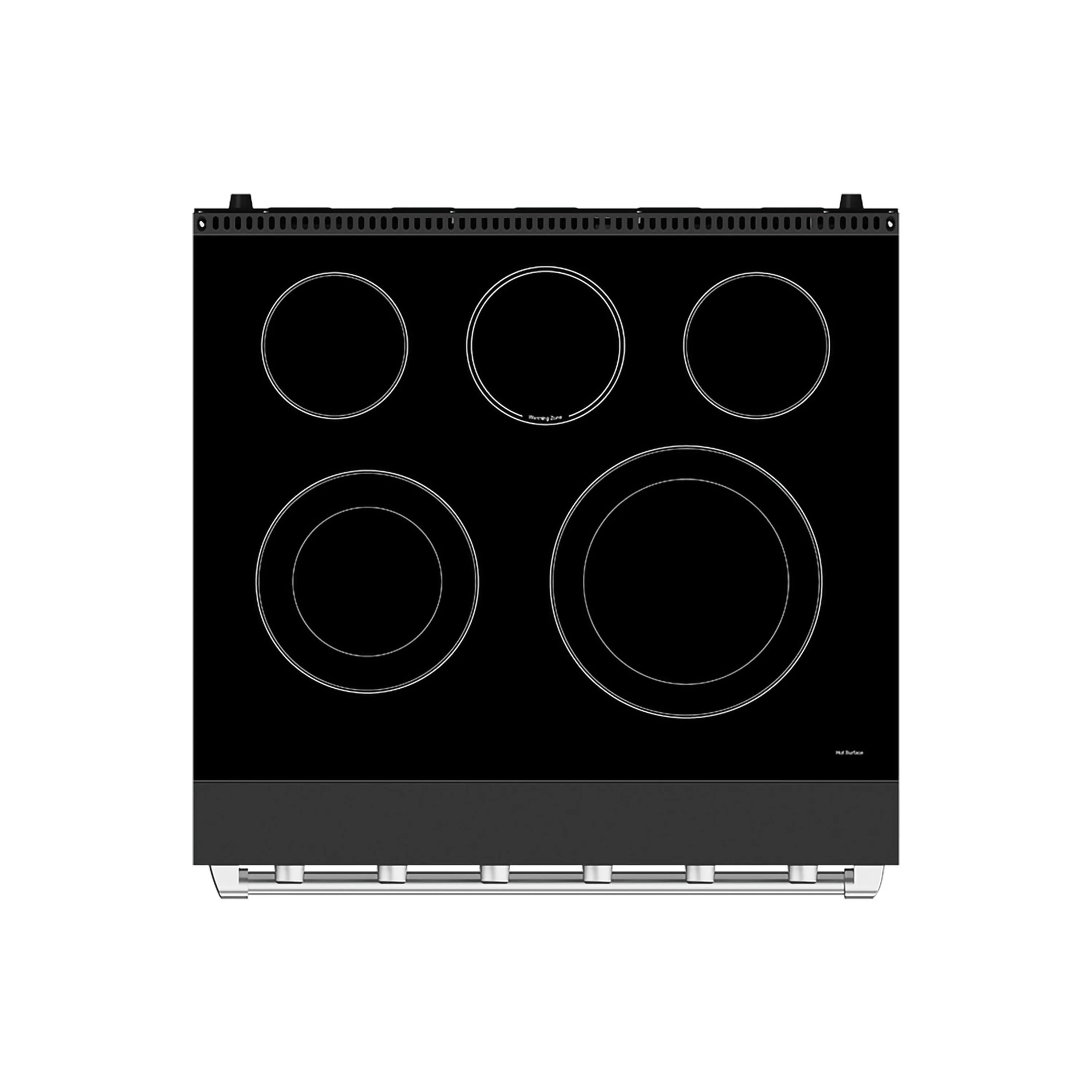 Black electric cooktop with five burner coils and stainless control trim