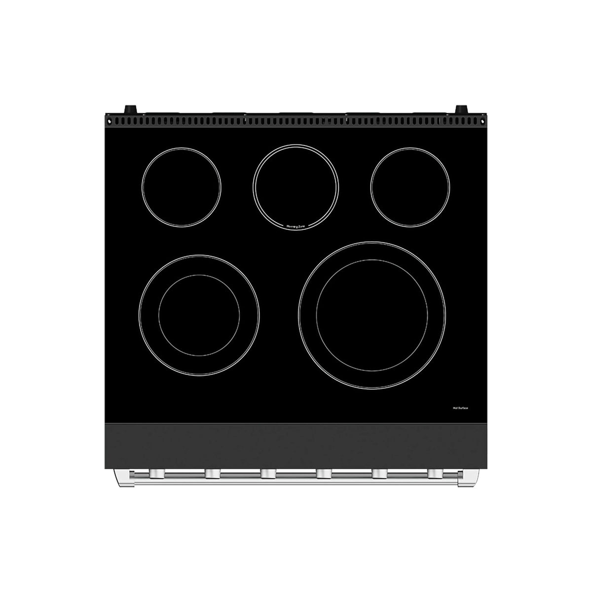 Black electric range rear view showing five coil burner elements