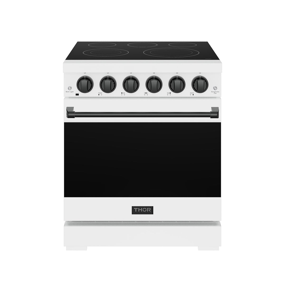 White 30-inch professional electric range with black hardware, front view, door closed