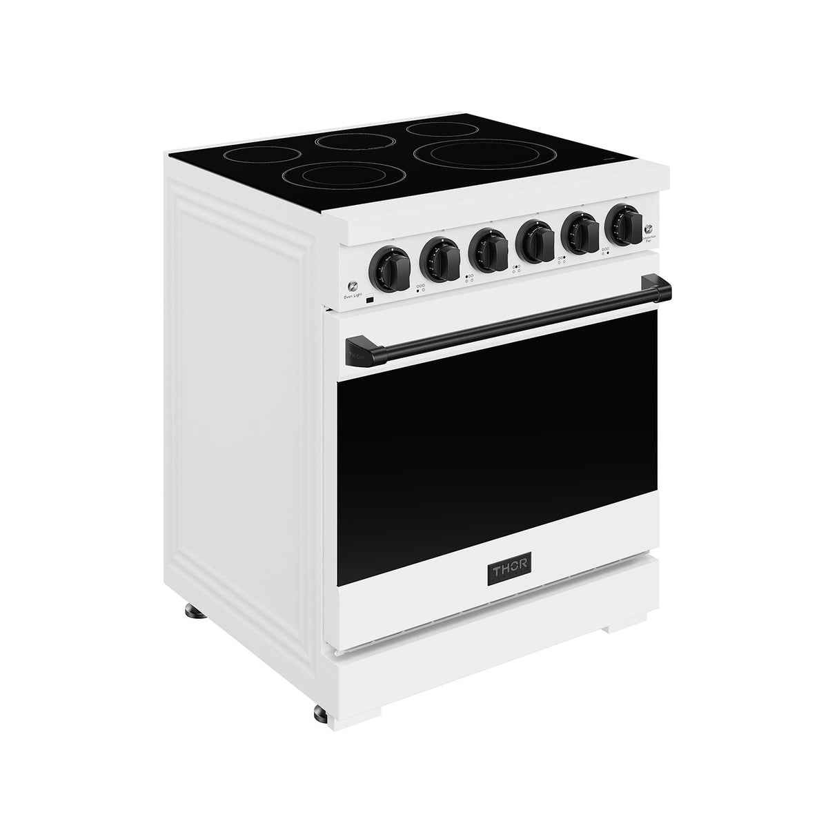 White 30-inch electric range with black hardware, front-left view