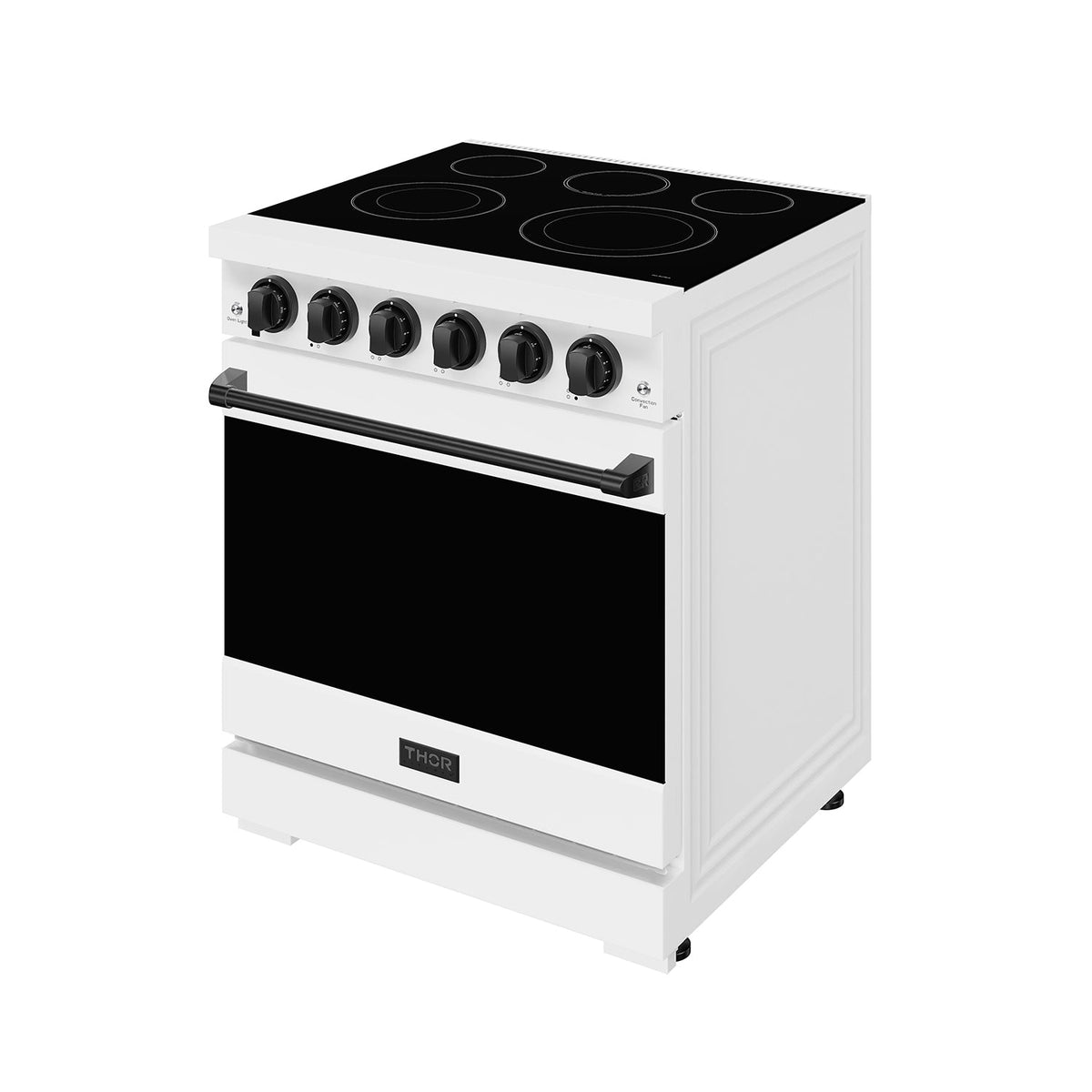 White 30-inch electric range with black hardware, front-right view