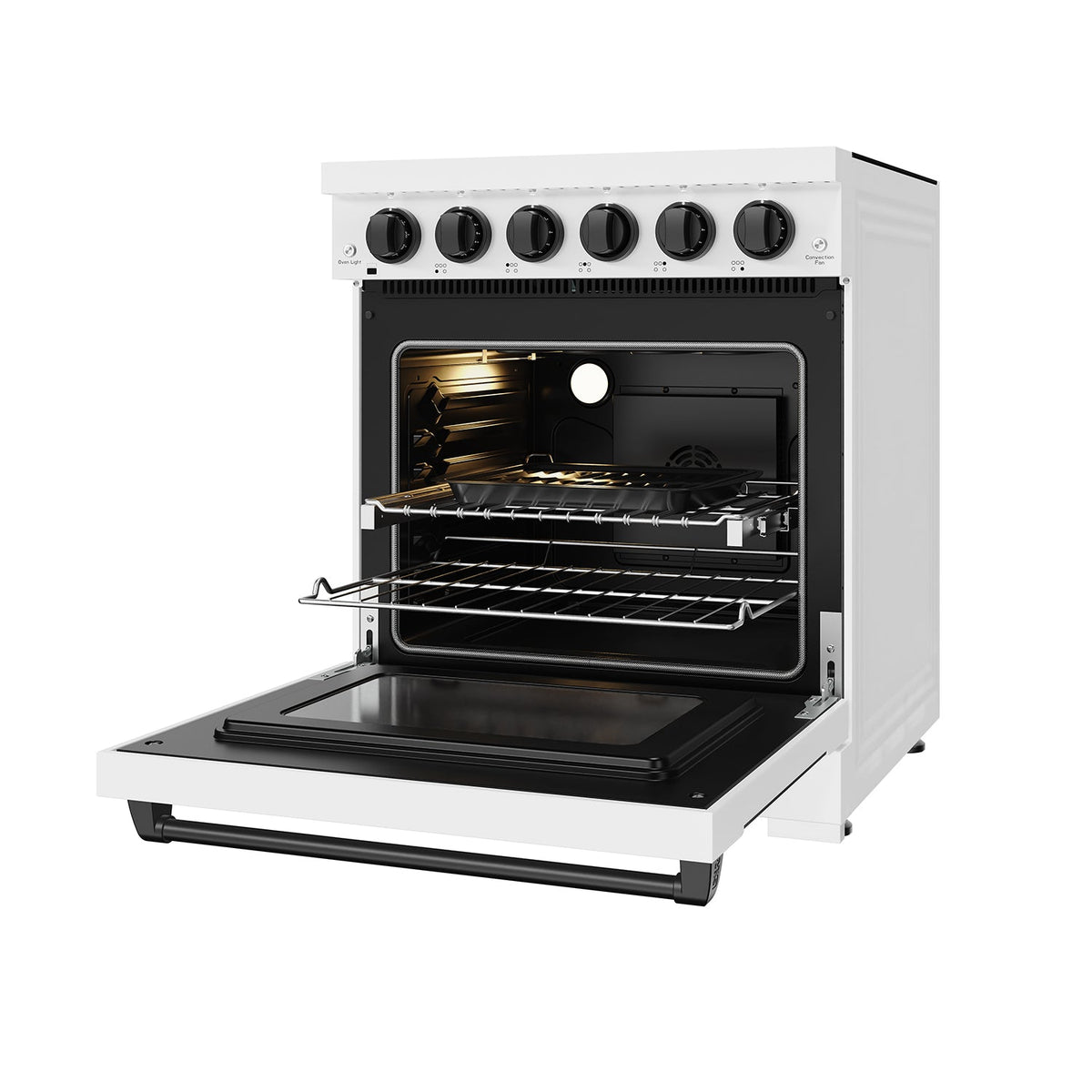 White 30-inch electric range with black hardware, front-right view, door open