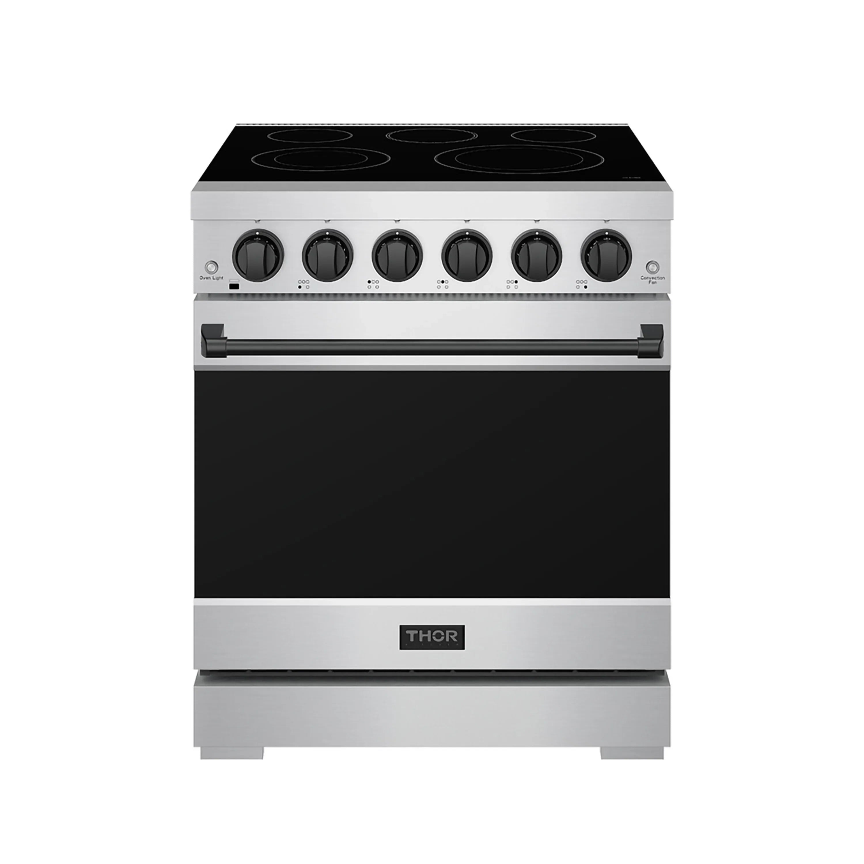 Stainless steel electric range with black glass cooktop and four surface burner knobs