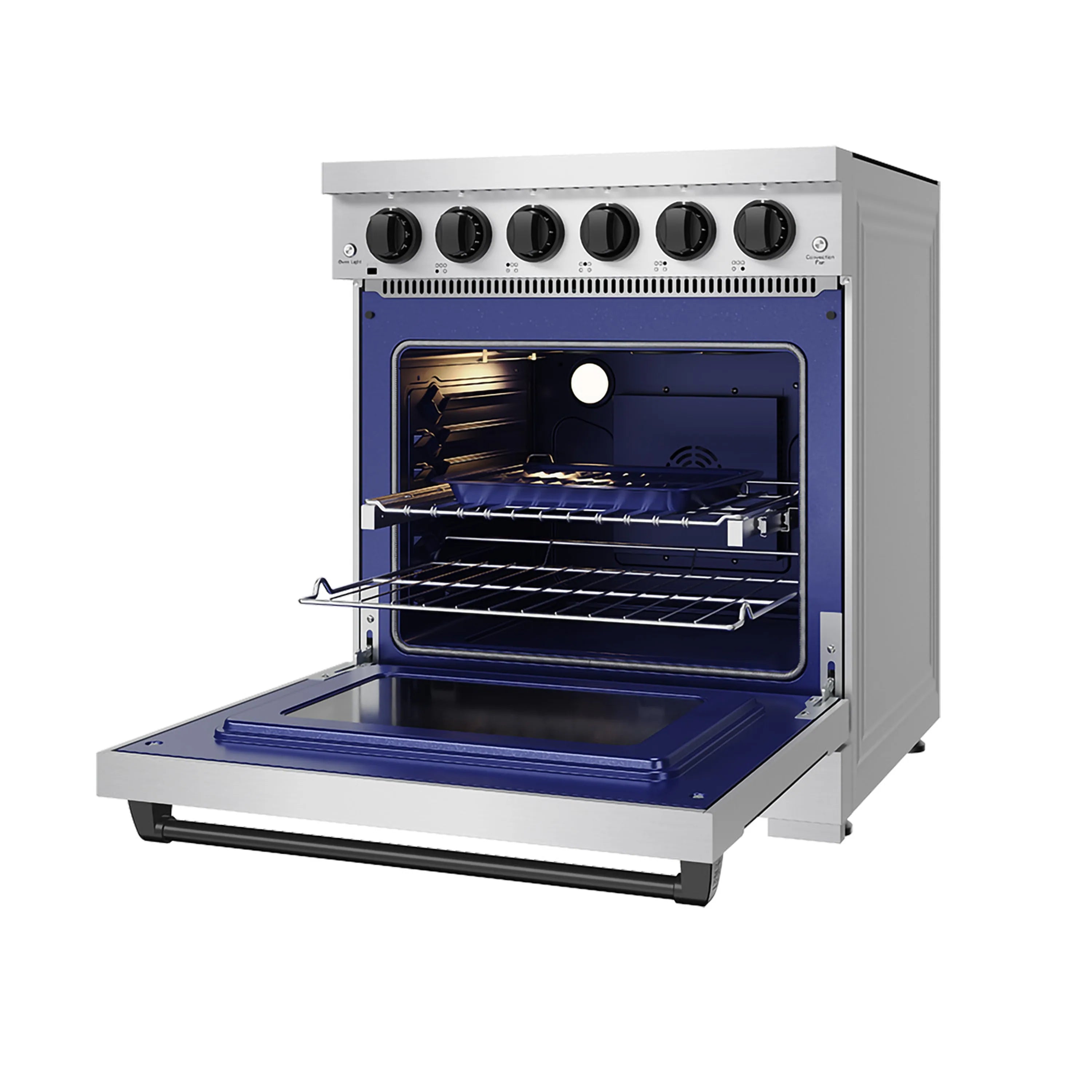 Stainless steel electric range oven open with blue interior and wire bake rack