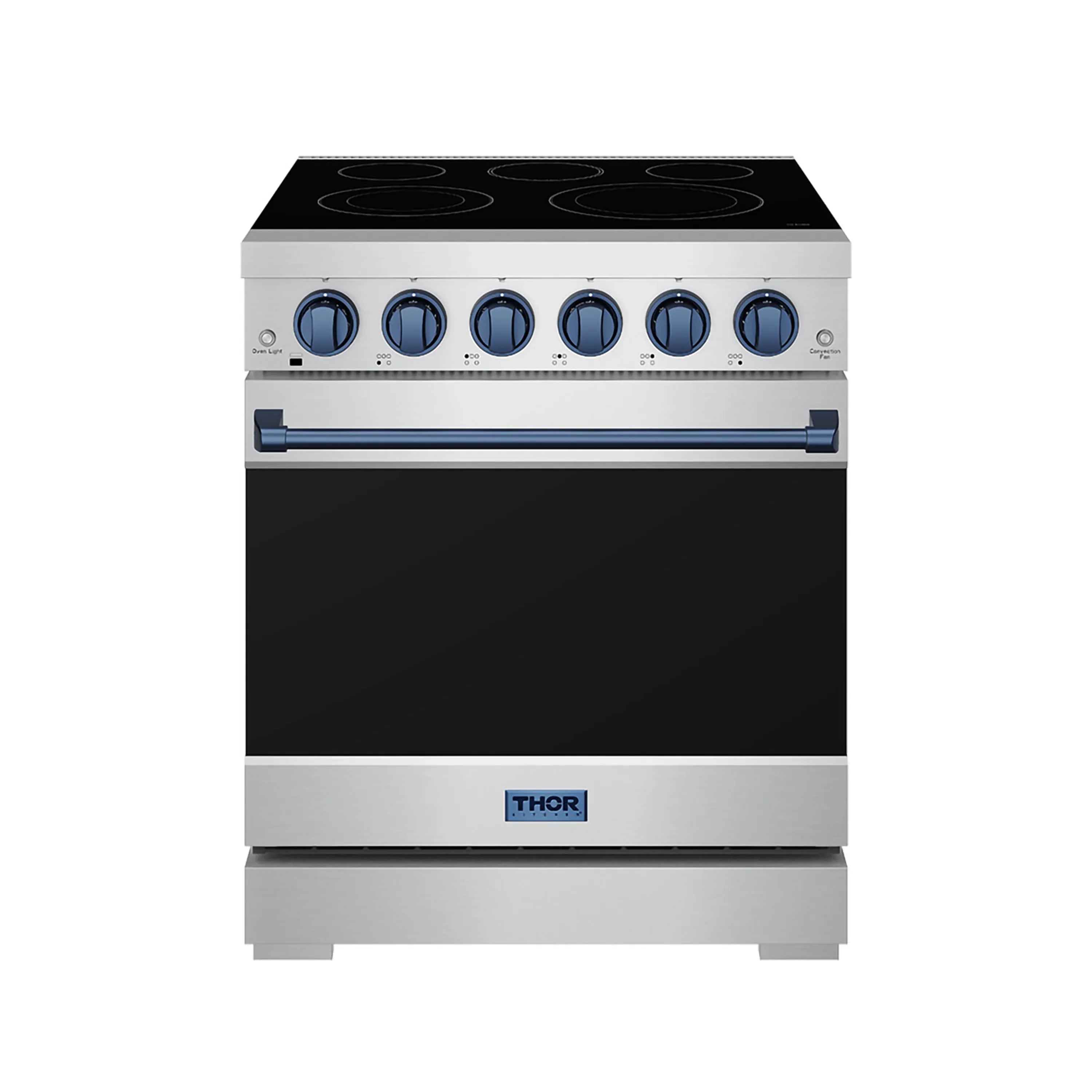 30-inch electric range with black glass cooktop and blue control knobs