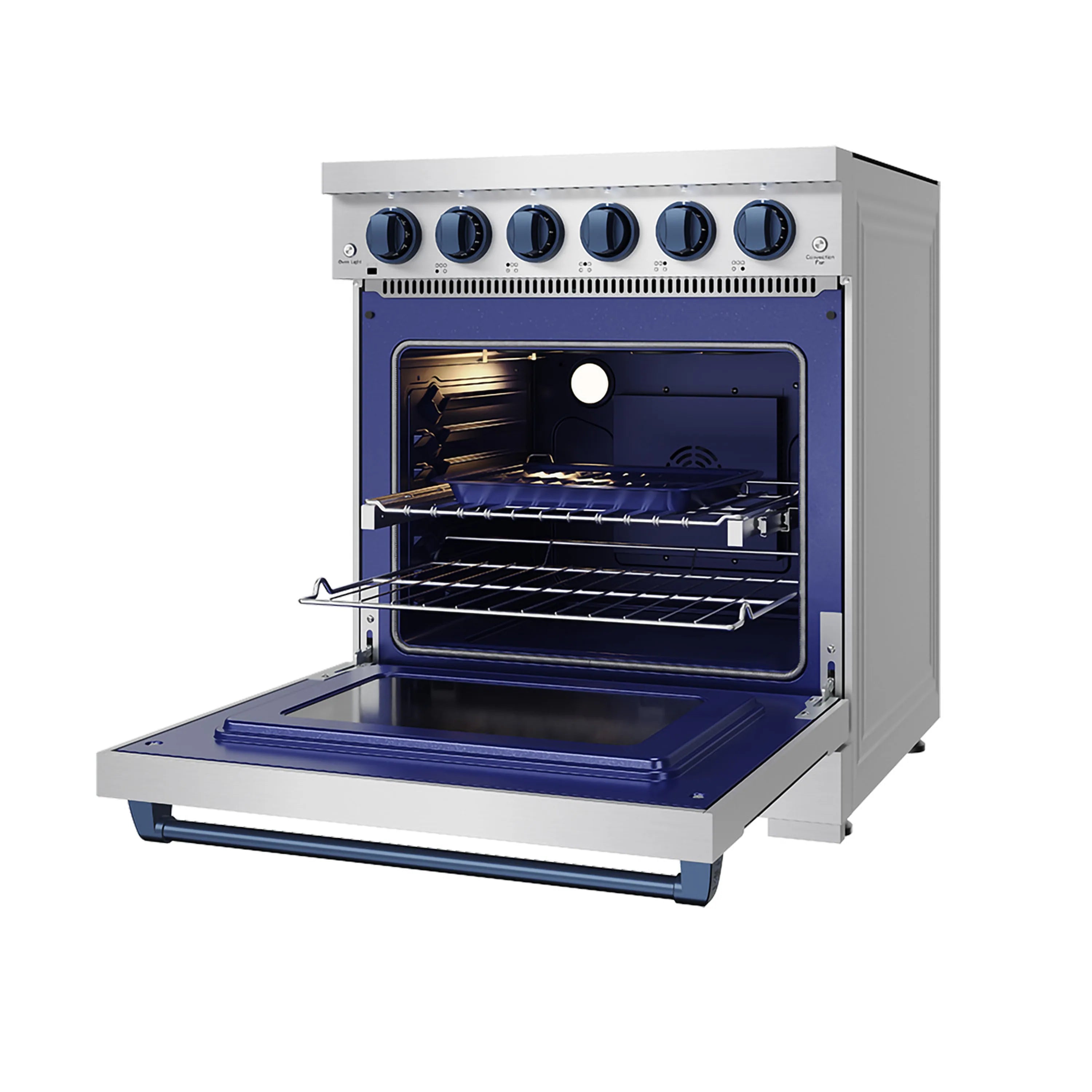 Electric oven open showing blue enamel interior with racks and broil element