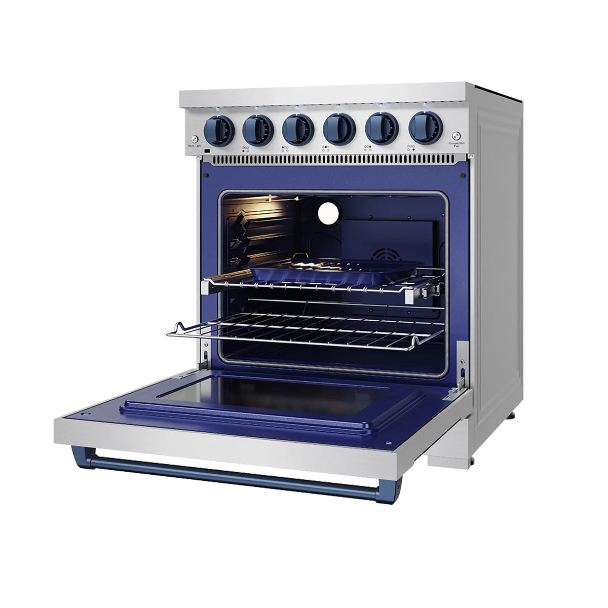 Stainless electric range with open door, wire racks, and blue lit oven