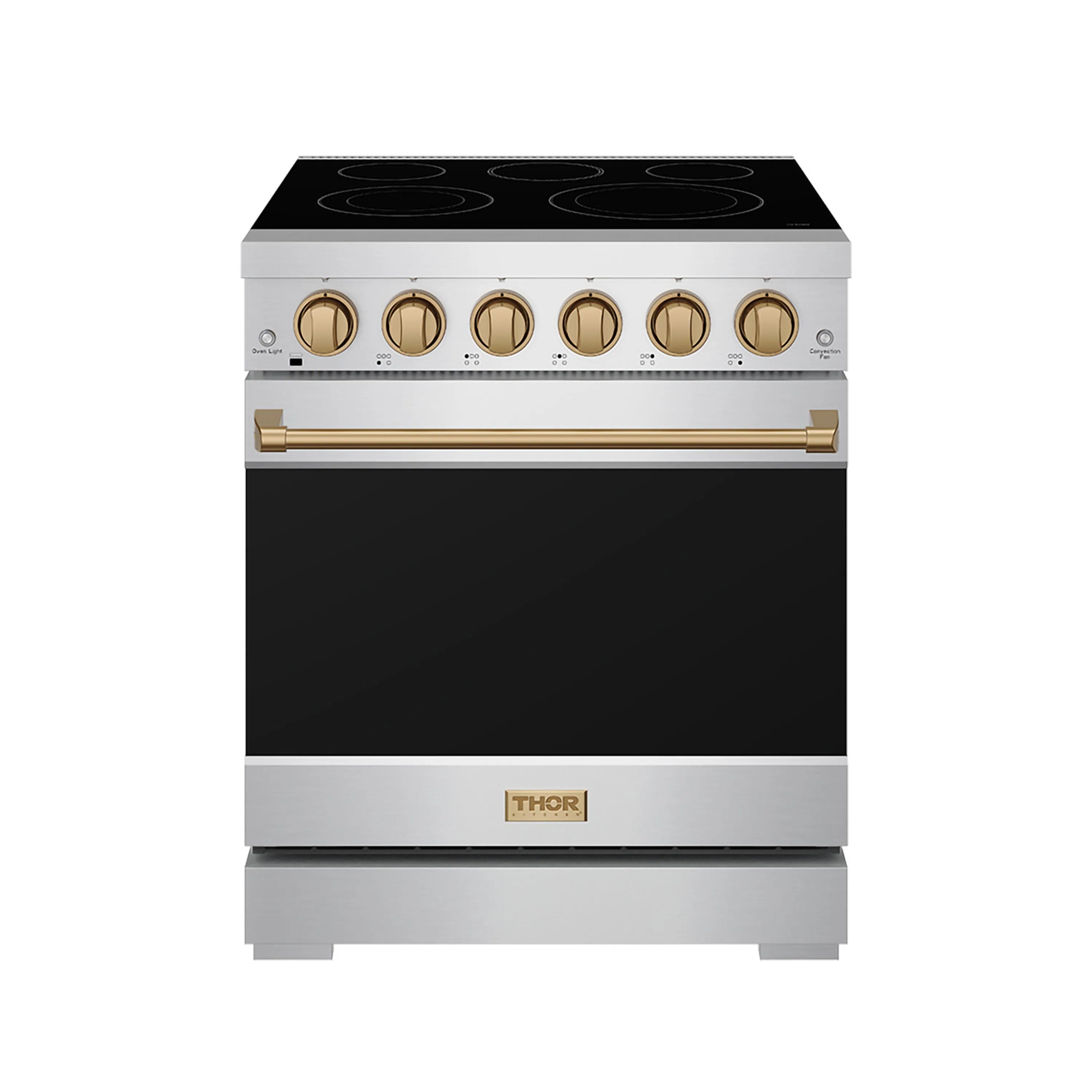 Stainless steel electric range with black cooktop, bronze knobs, and closed oven door