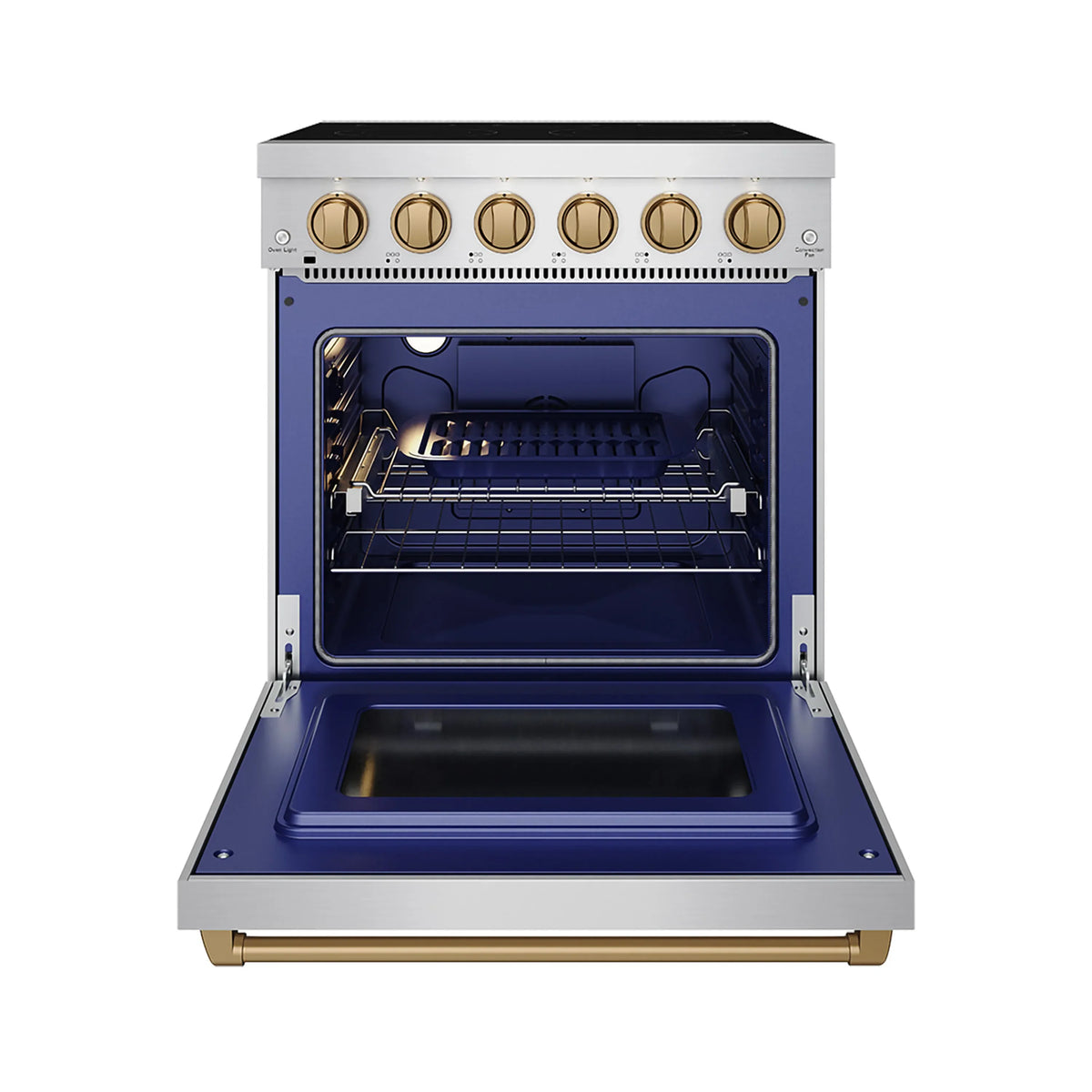 Stainless electric range with oven door open showing blue interior and racks