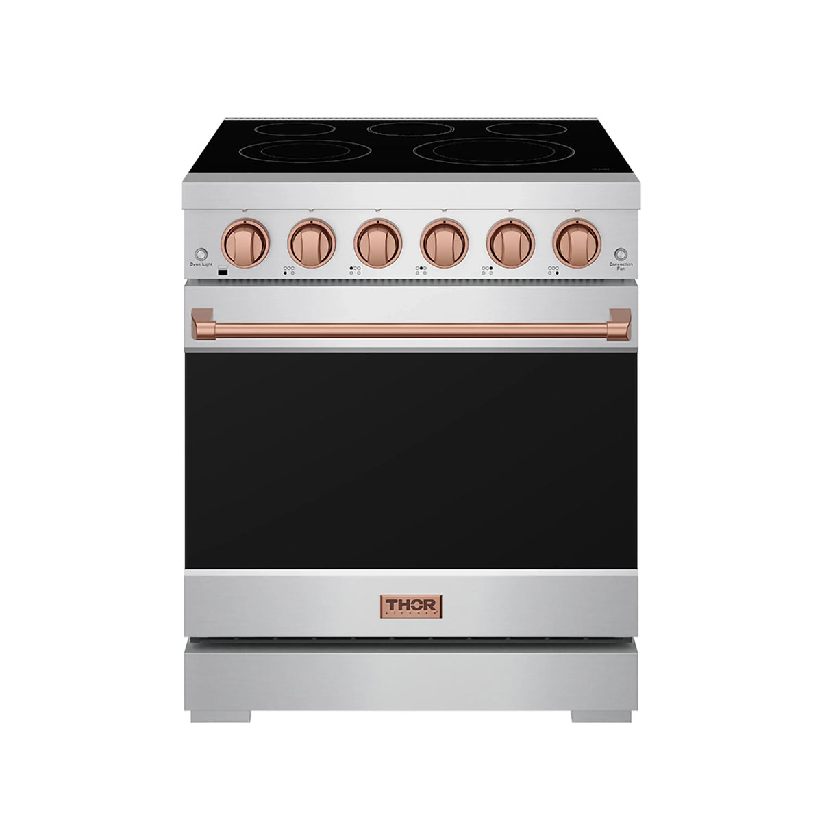 Stainless steel electric range with rose-gold knobs, black cooktop, and closed oven door