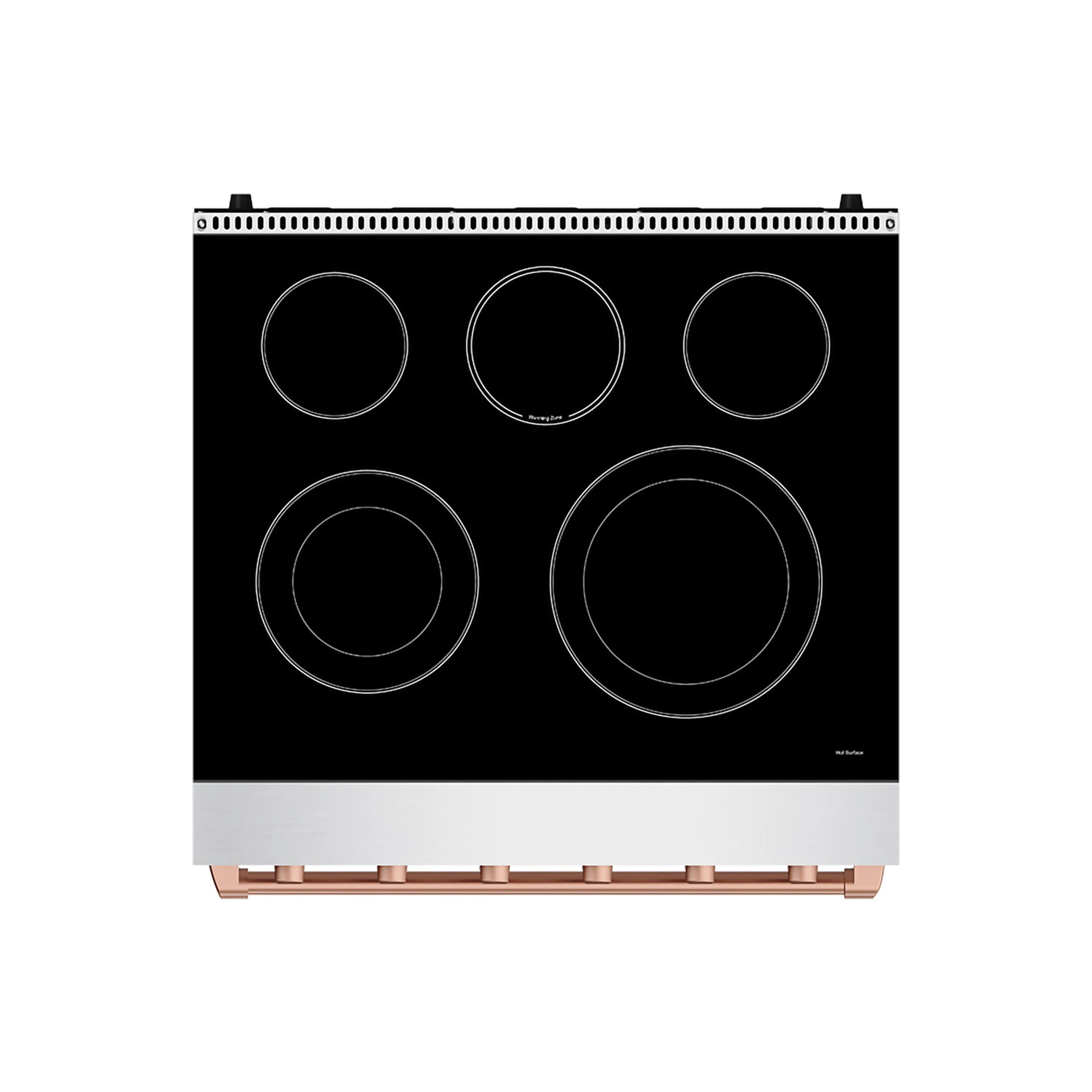 Black glass electric cooktop with five burner circles and rose-gold trim edge