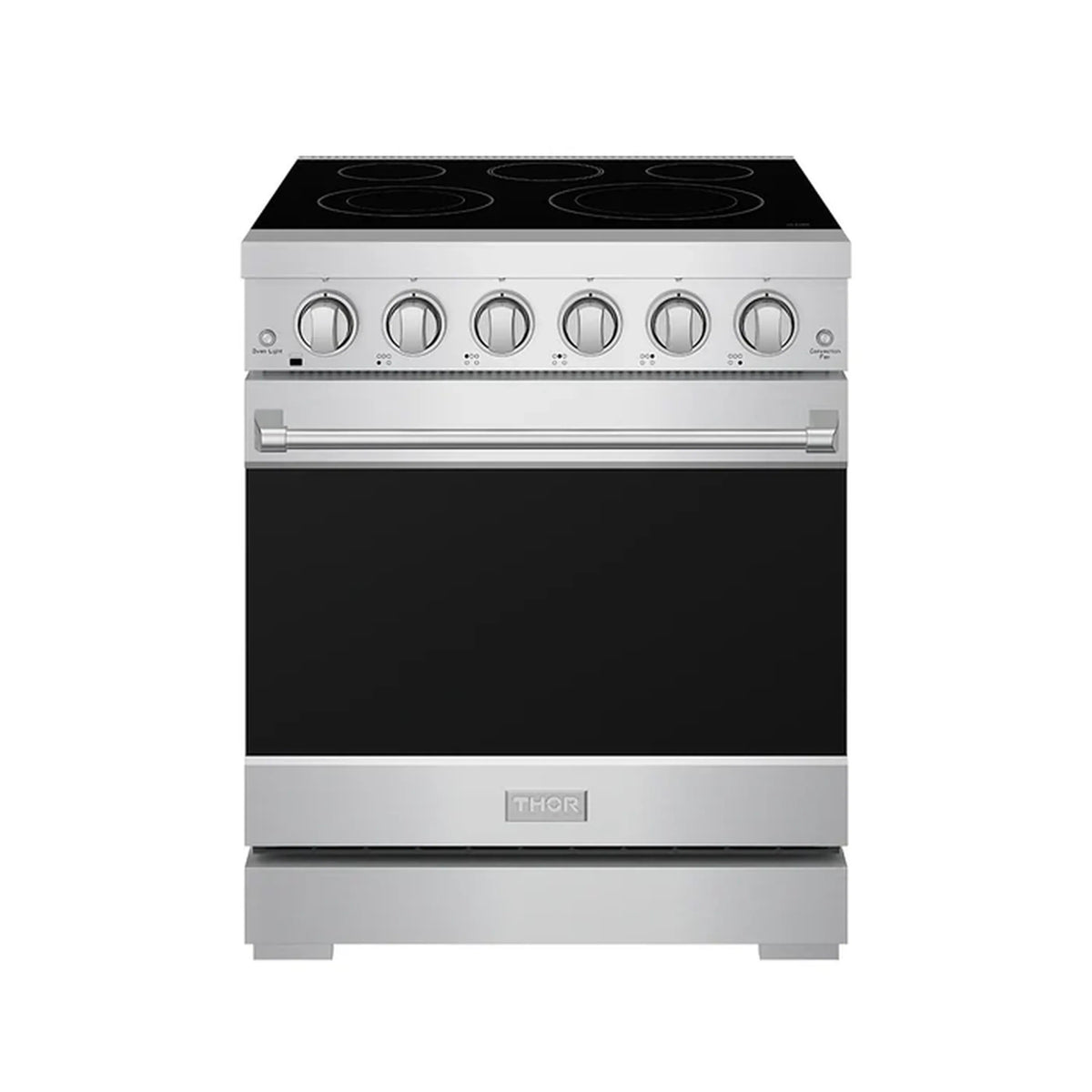Stainless electric range with black cooktop, multiple round knobs, and oven door