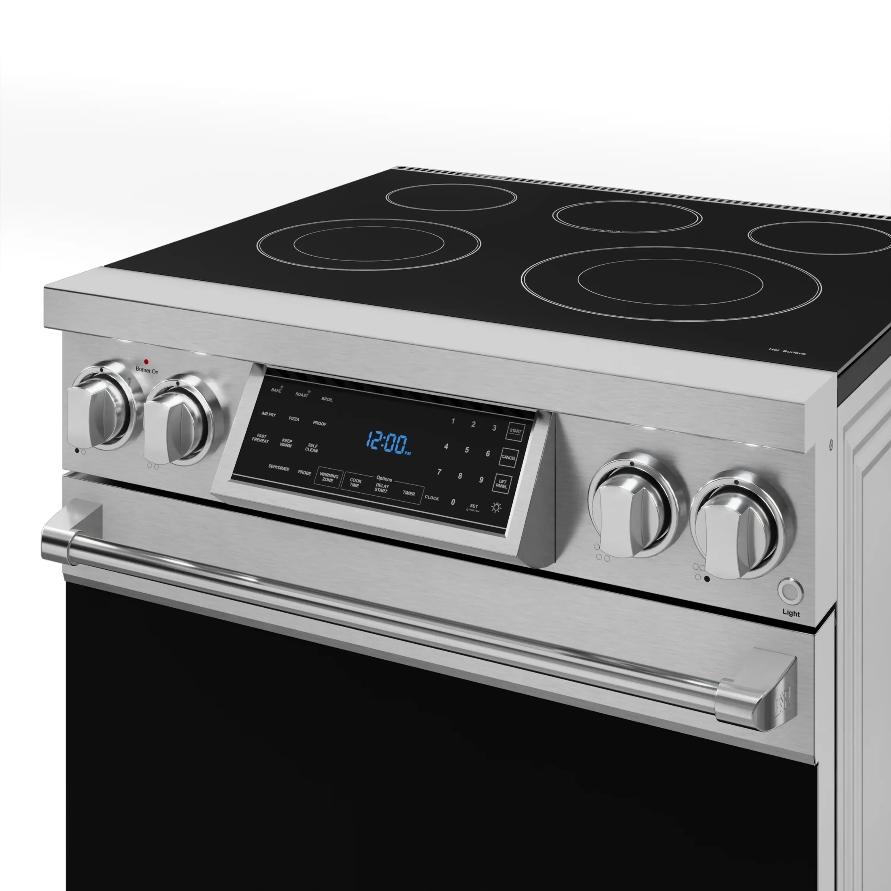 Stainless electric range front control panel with black cooktop and blue display