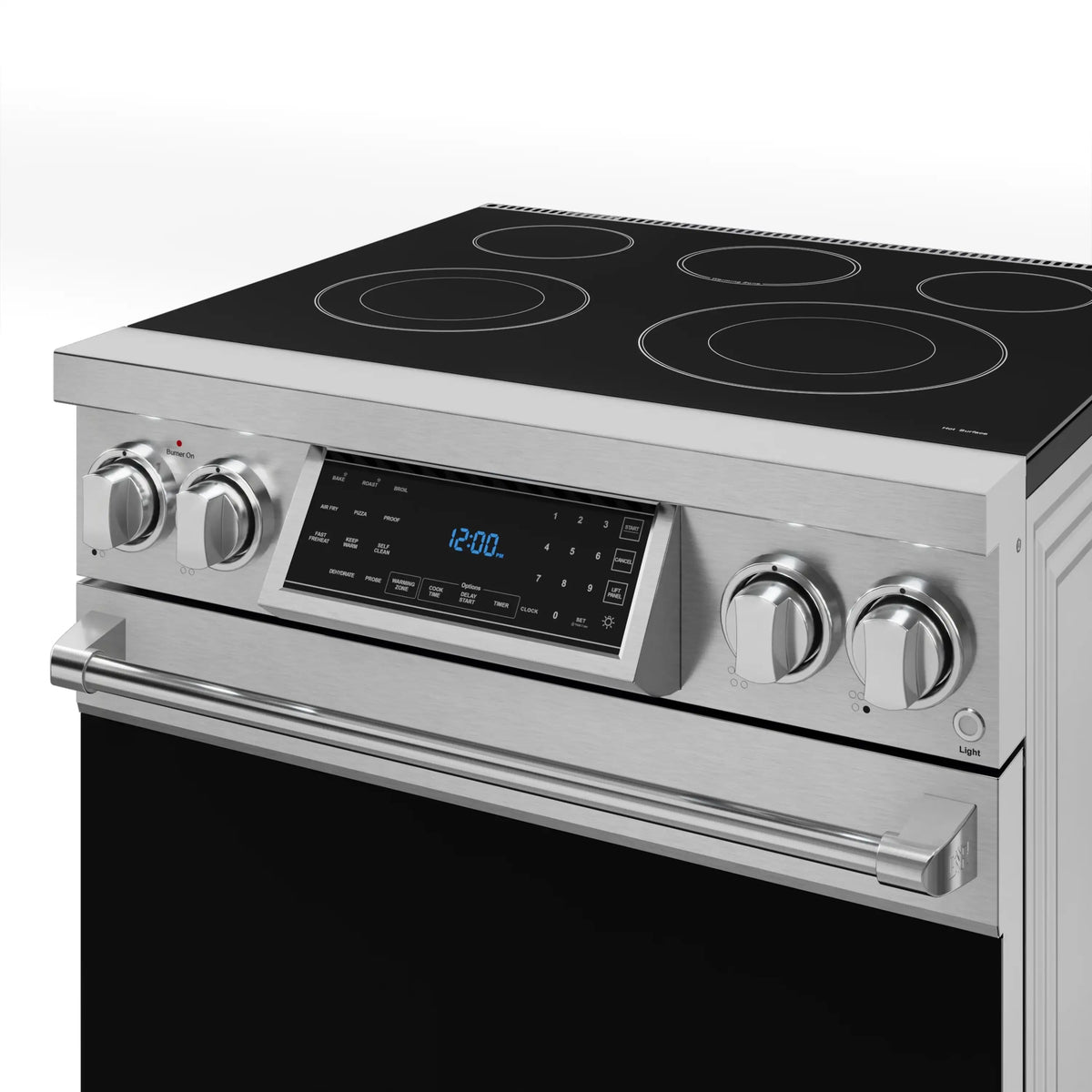 Stainless steel electric range front with black cooktop and digital temperature display