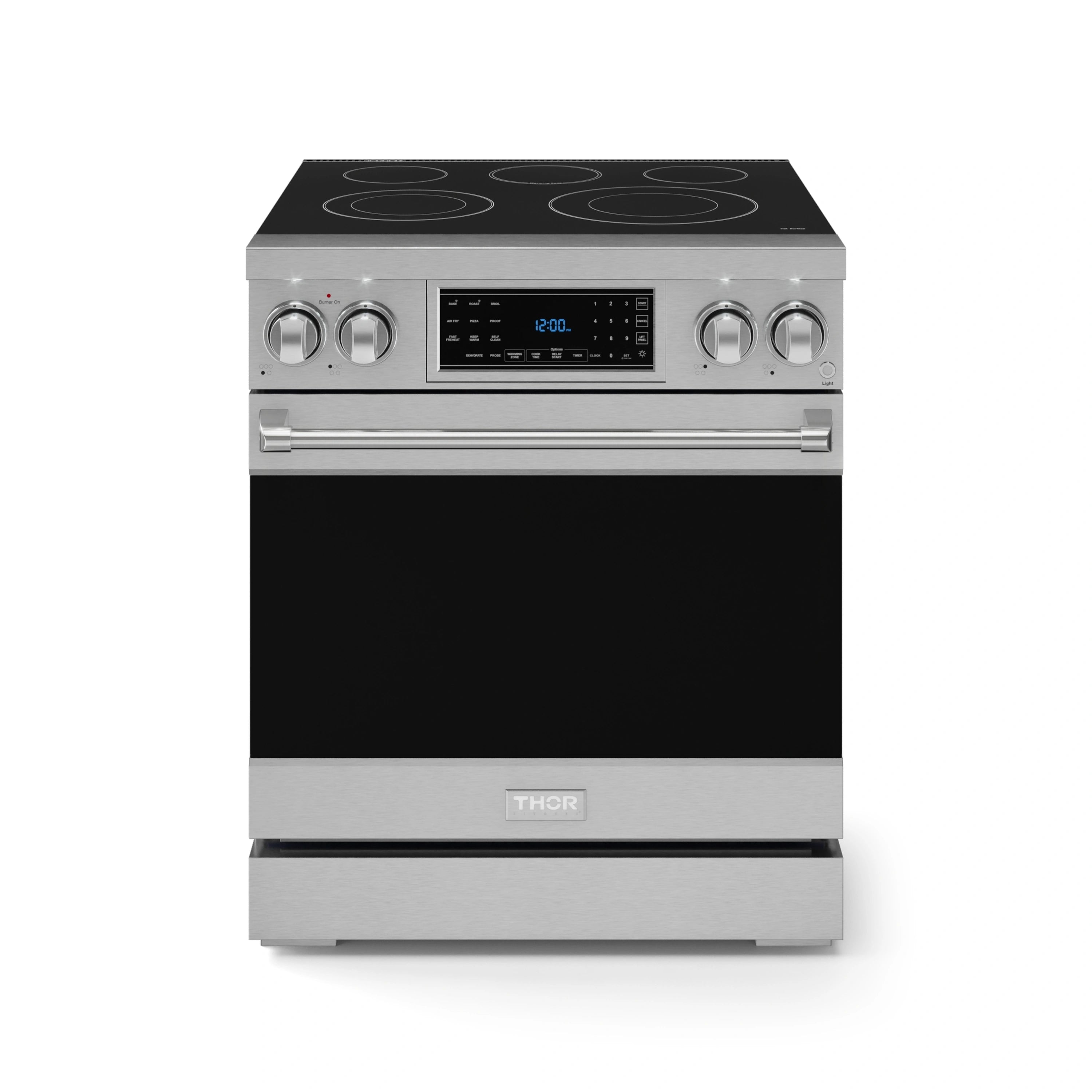 Front view of stainless electric range with black glass cooktop and control display