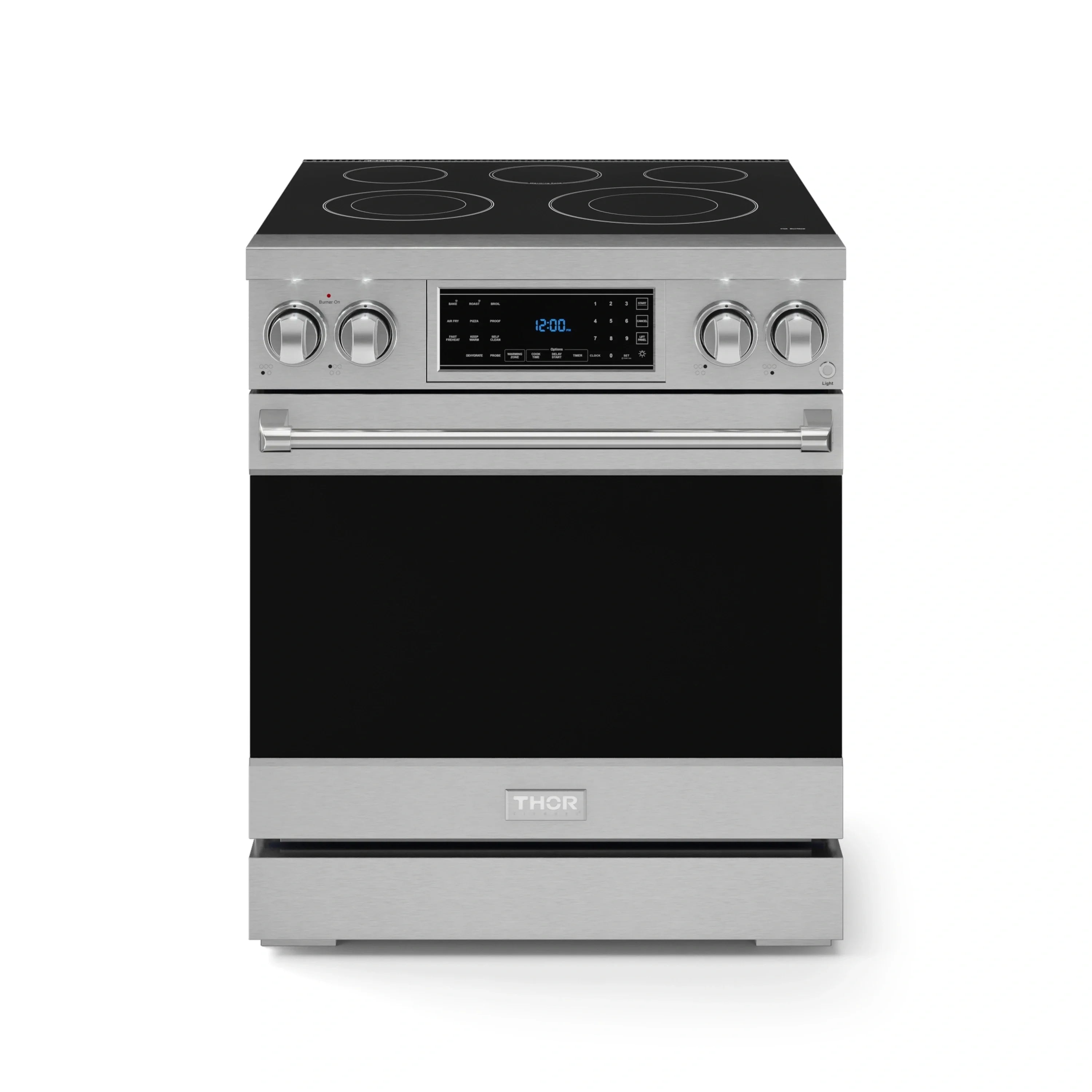 Stainless steel electric range with black glass cooktop, knobs, and digital display