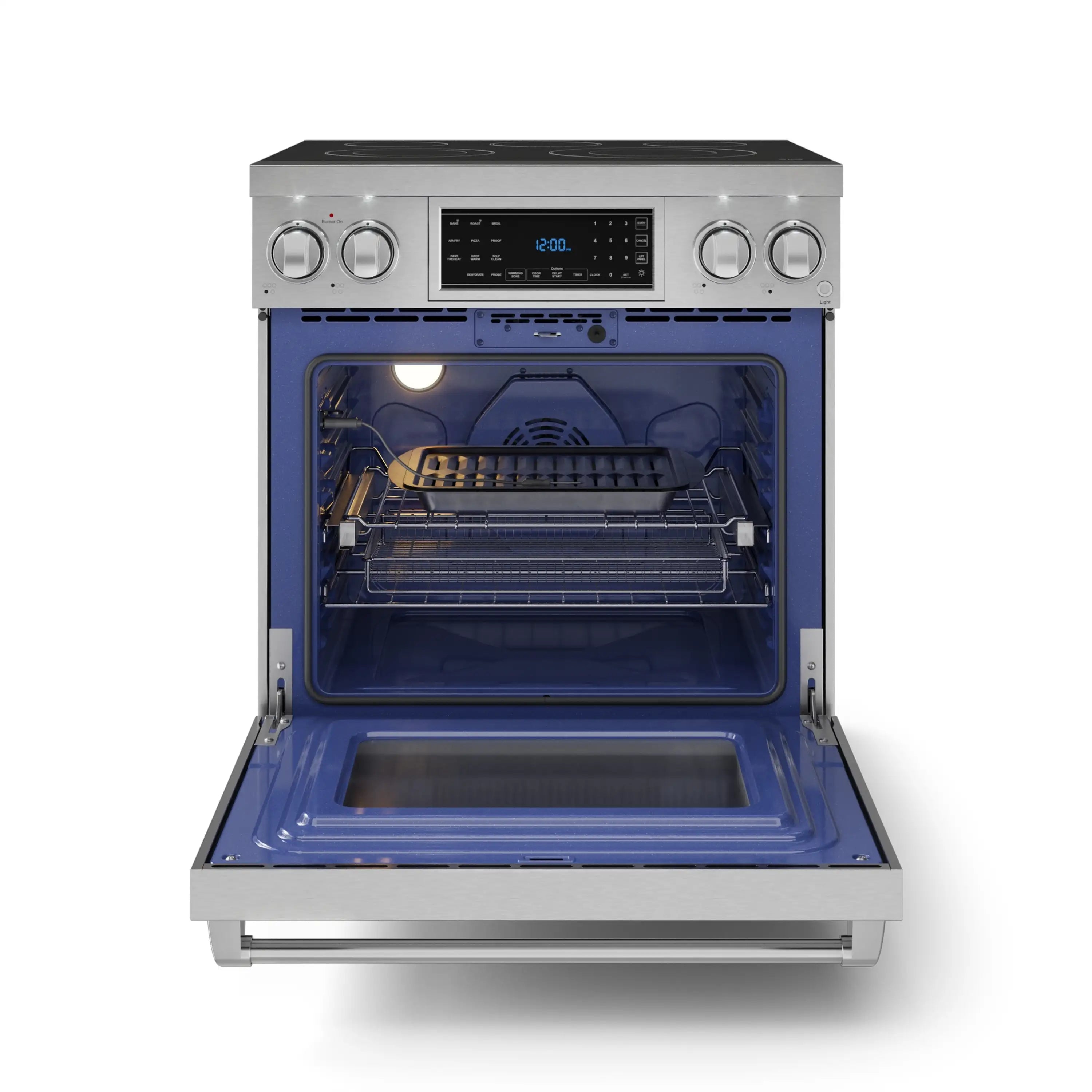 Stainless electric range with oven door open, blue interior and wire rack
